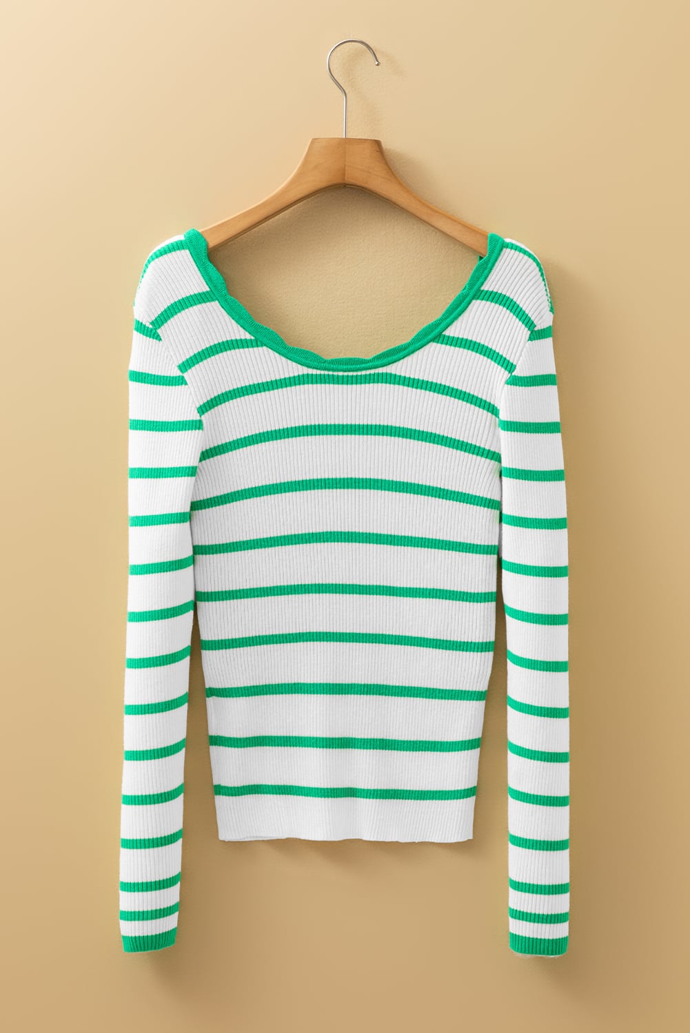 Bright Green Scalloped Trim U Neck Striped Ribbed Slim Sweater