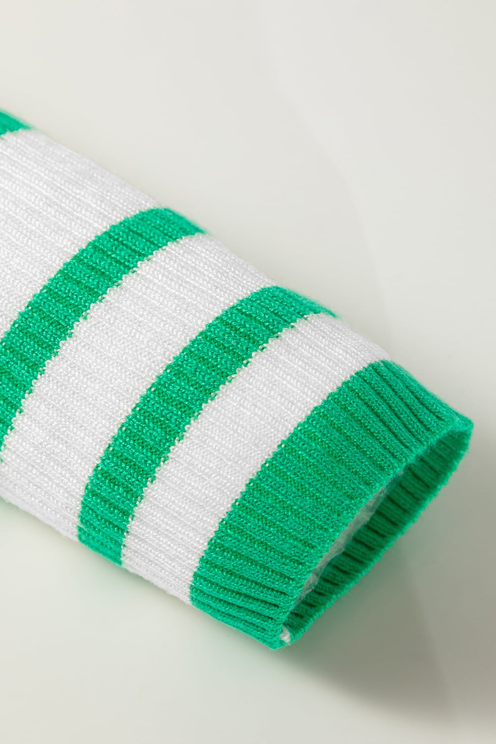 Bright Green Scalloped Trim U Neck Striped Ribbed Slim Sweater