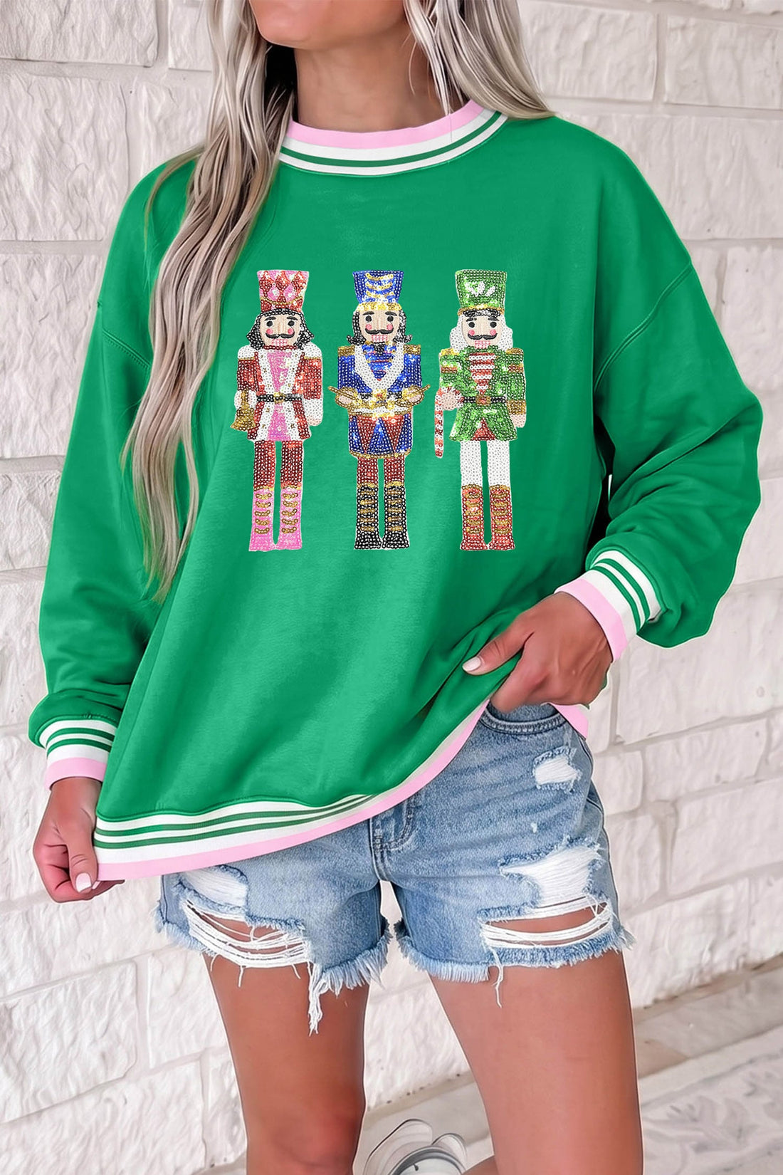 Bright Green Sequin Nutcracker Striped Trim Christmas Sweatshirt