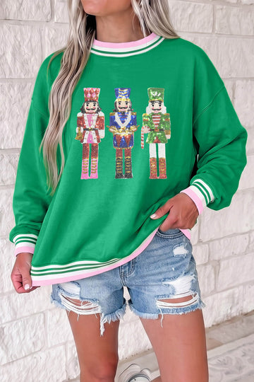 Bright Green Sequin Nutcracker Striped Trim Christmas Sweatshirt