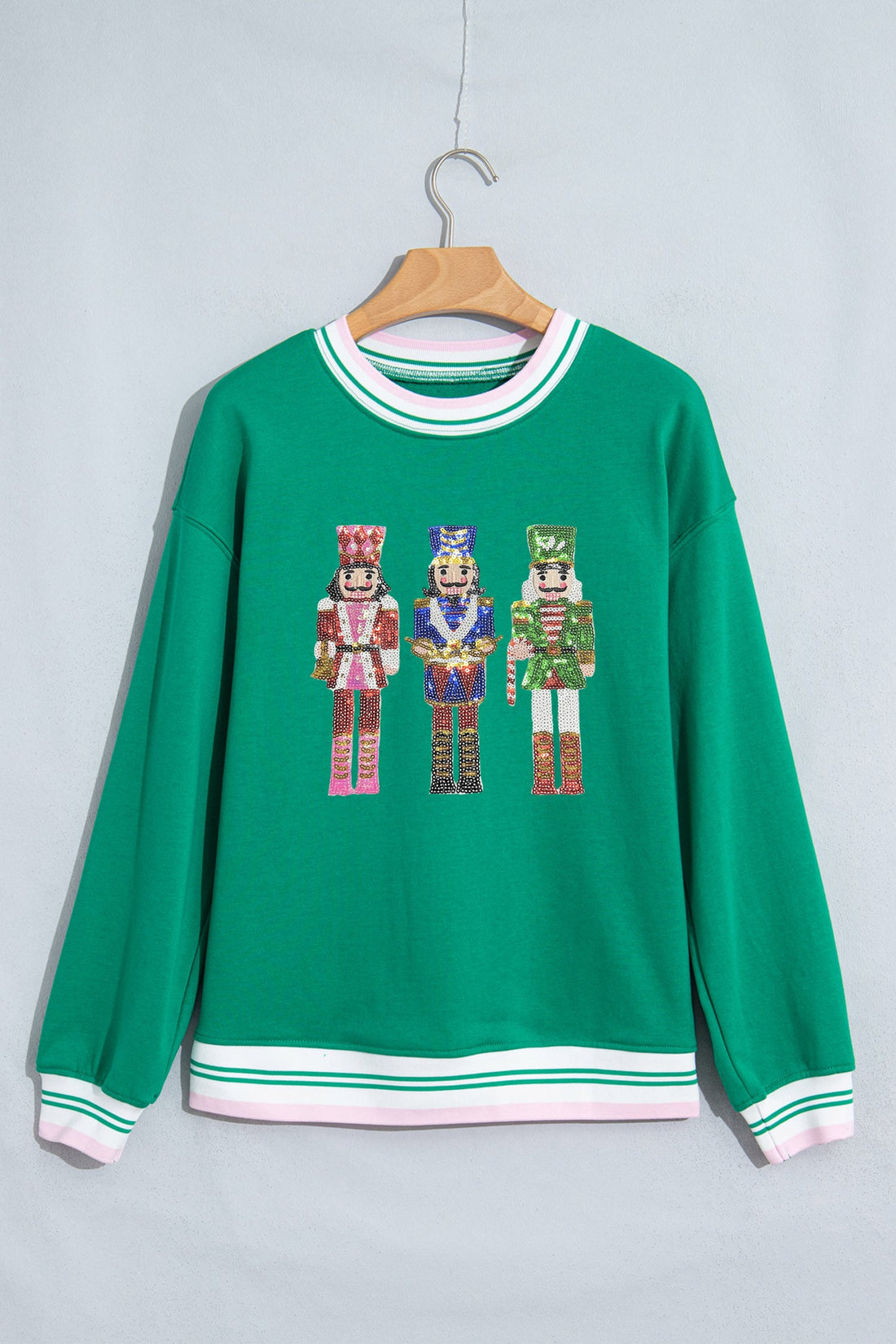 Bright Green Sequin Nutcracker Striped Trim Christmas Sweatshirt
