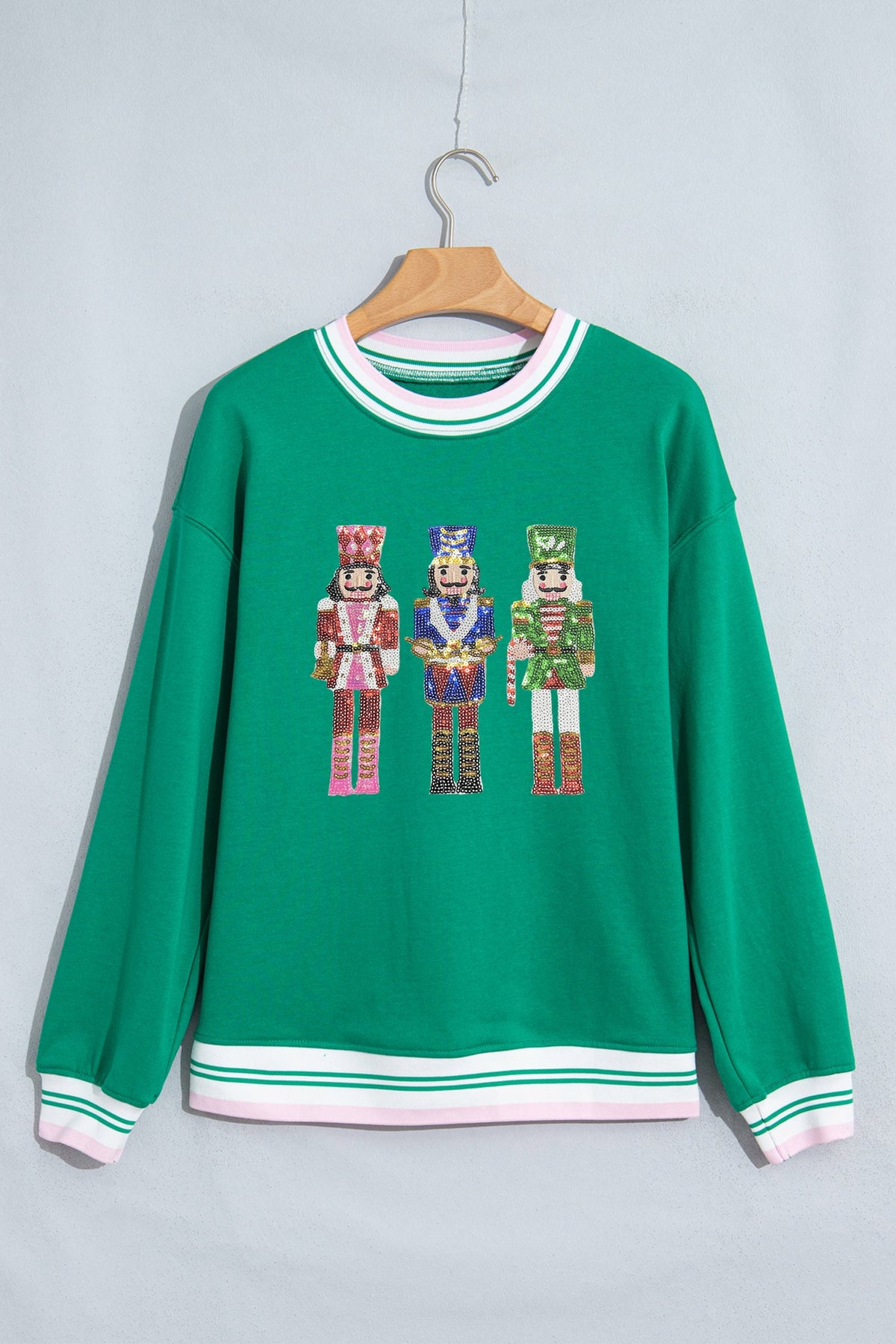 Bright Green Sequin Nutcracker Striped Trim Christmas Sweatshirt