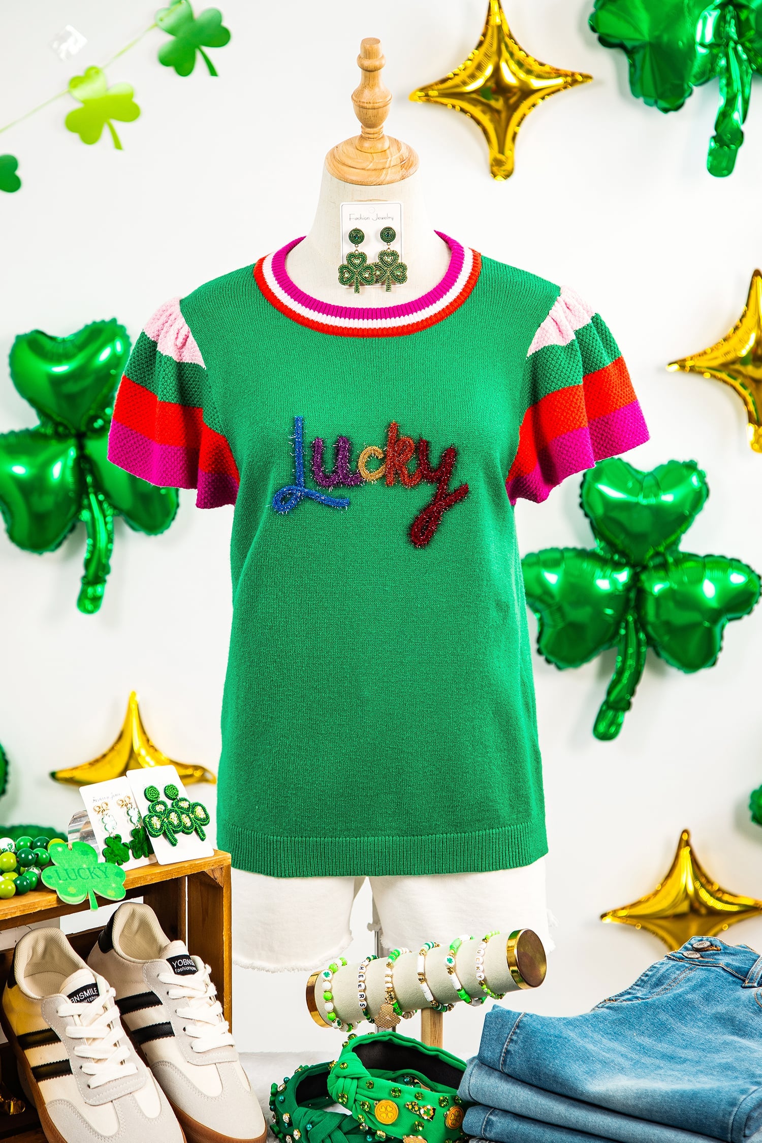Bright Green Shiny Lucky Striped Flutter Sleeve Round Neck Sweater