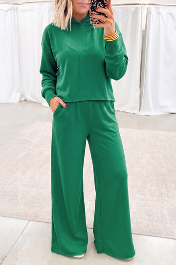 Bright Green Solid Color Hooded Long Sleeve Elastic Waist Pocket Pant Set