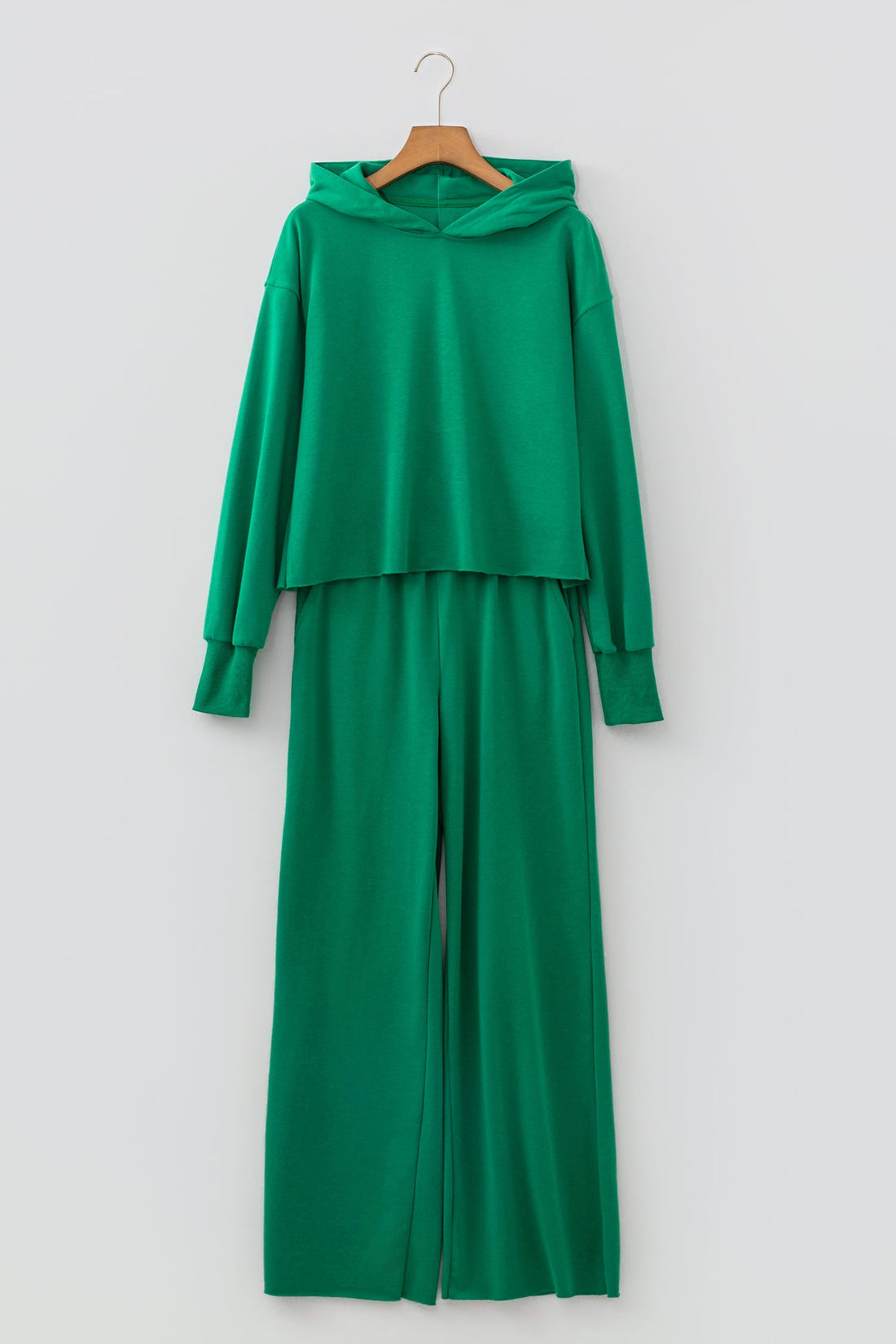 Bright Green Solid Color Hooded Long Sleeve Elastic Waist Pocket Pant Set
