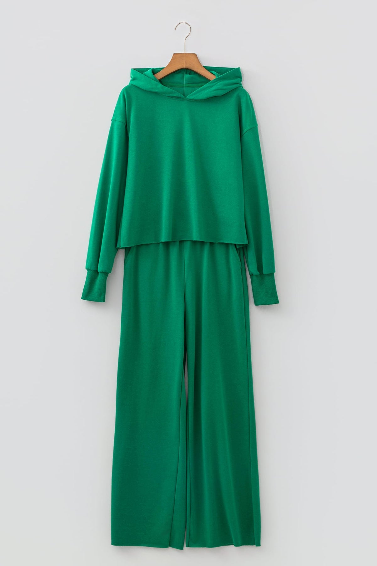 Bright Green Solid Color Hooded Long Sleeve Elastic Waist Pocket Pant Set