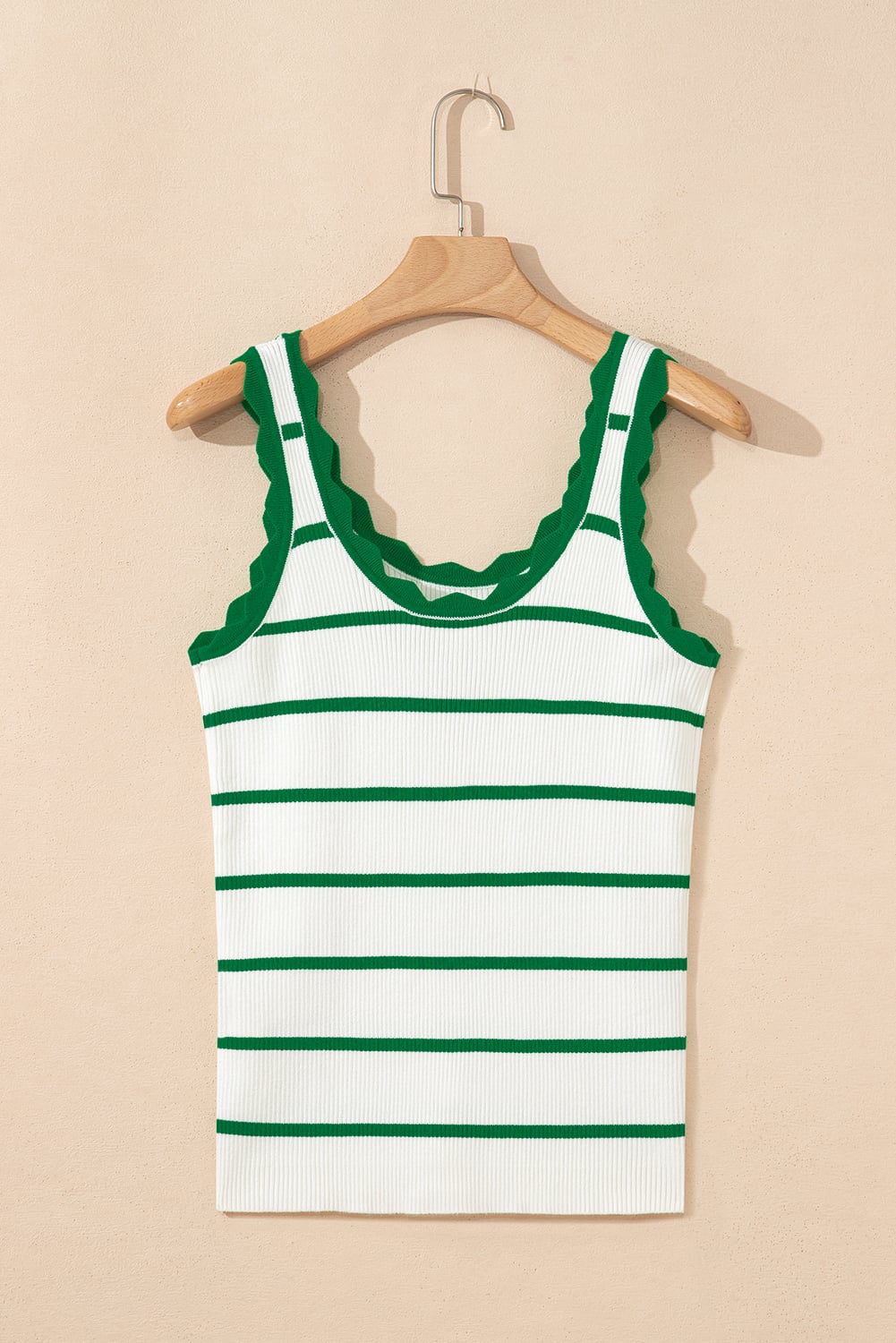 Bright Green Striped Scalloped Edge U Neck Sleeveless Sweater Vest