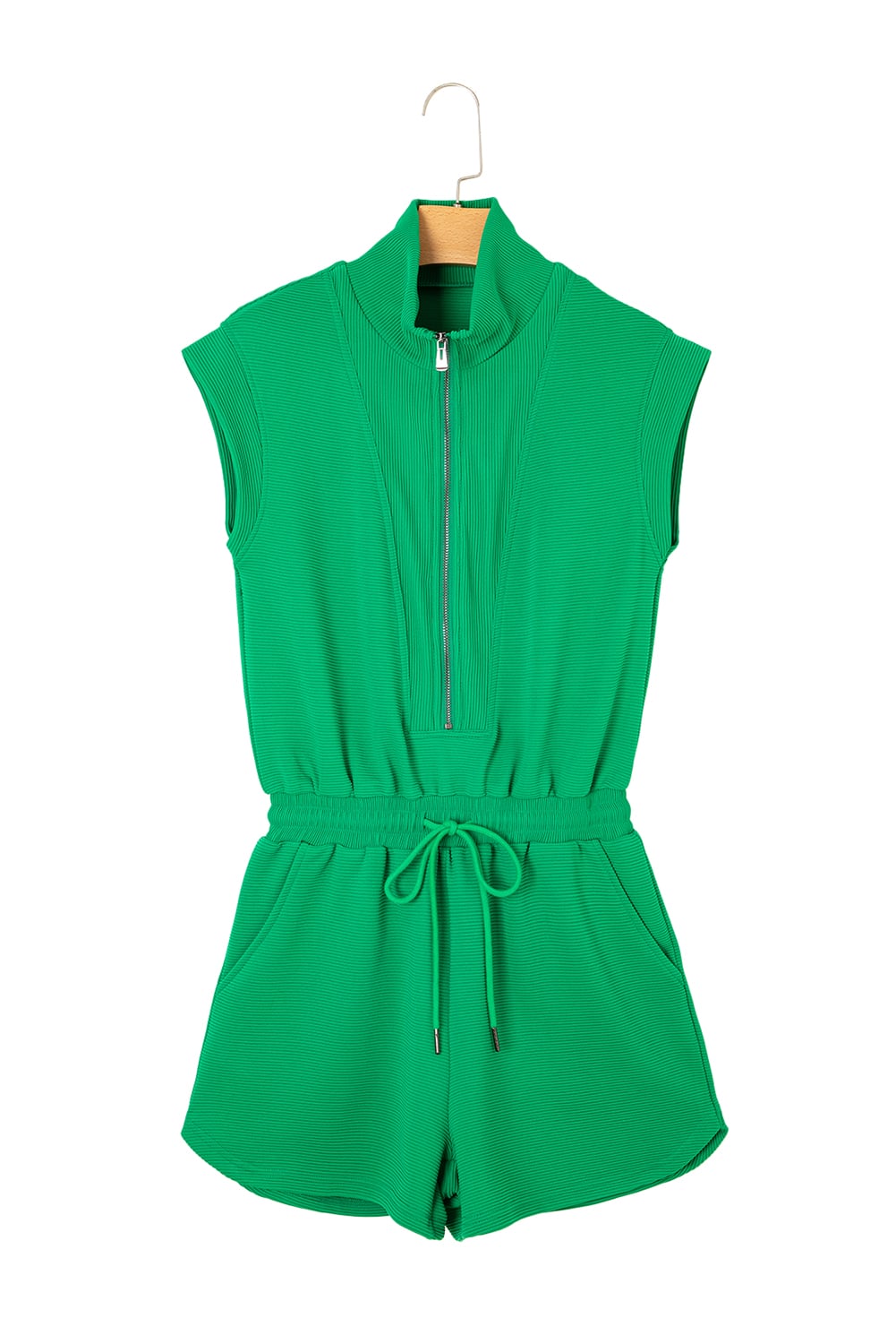 Bright Green Textured Short Sleeve Half Zip Drawstring Elastic Waistband Romper