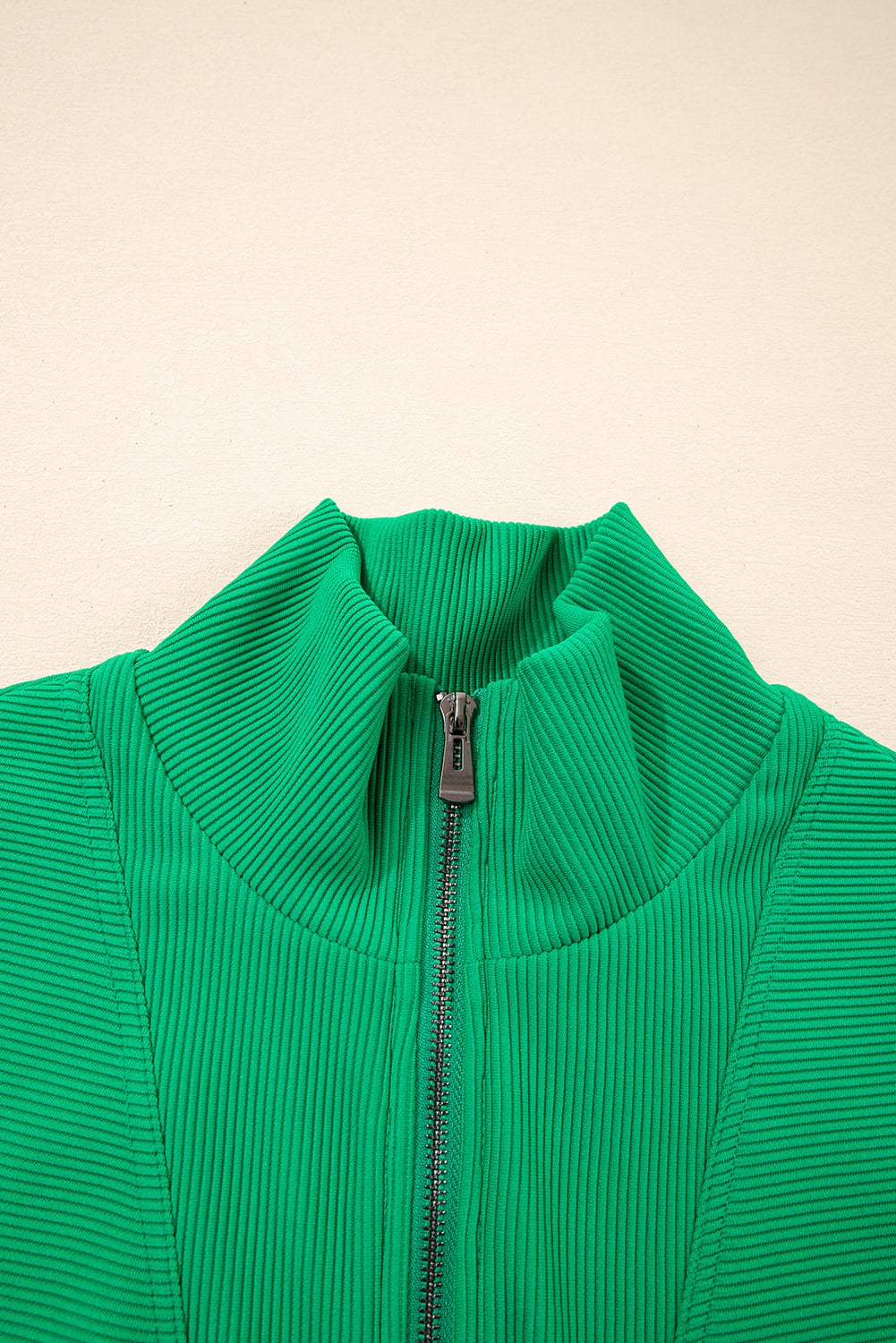 Bright Green Textured Short Sleeve Half Zip Drawstring Elastic Waistband Romper