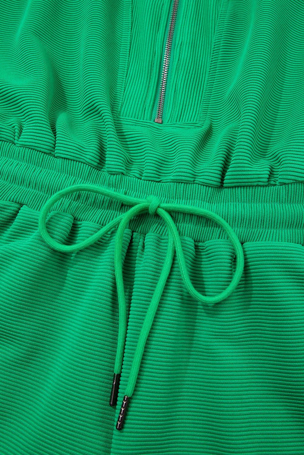 Bright Green Textured Short Sleeve Half Zip Drawstring Elastic Waistband Romper