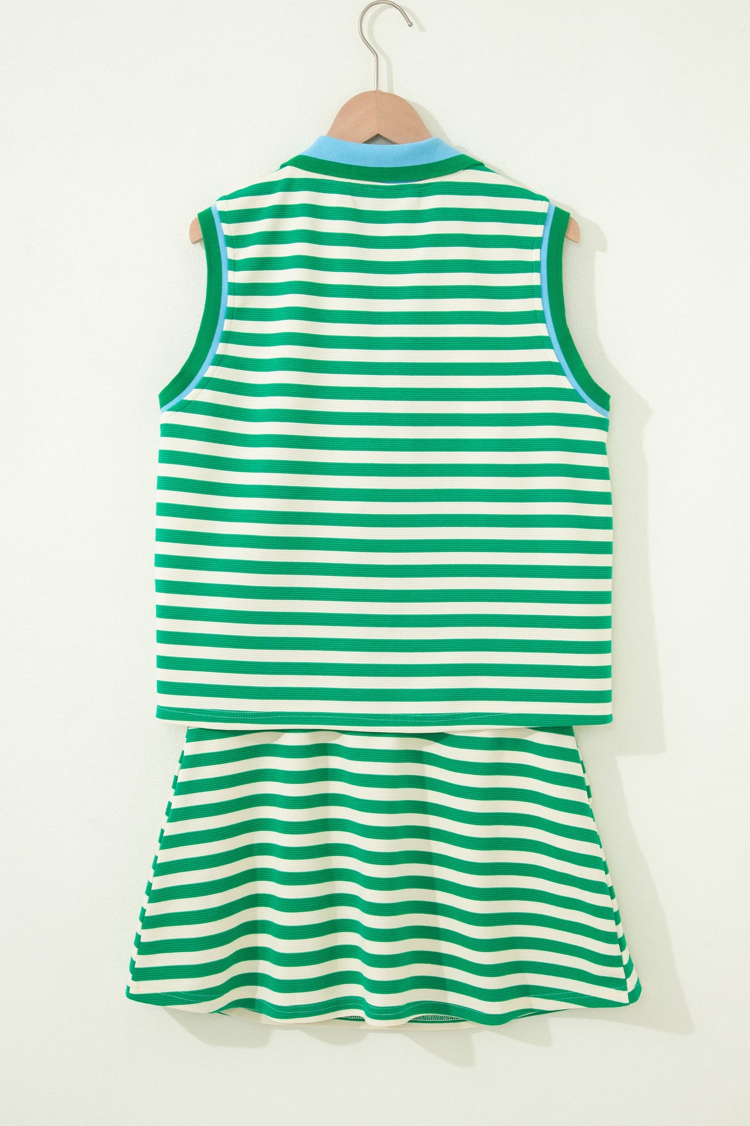 Bright Green Textured Stripe Print Contrast Trim Zip Collar Sleeveless 2pcs Skort Set