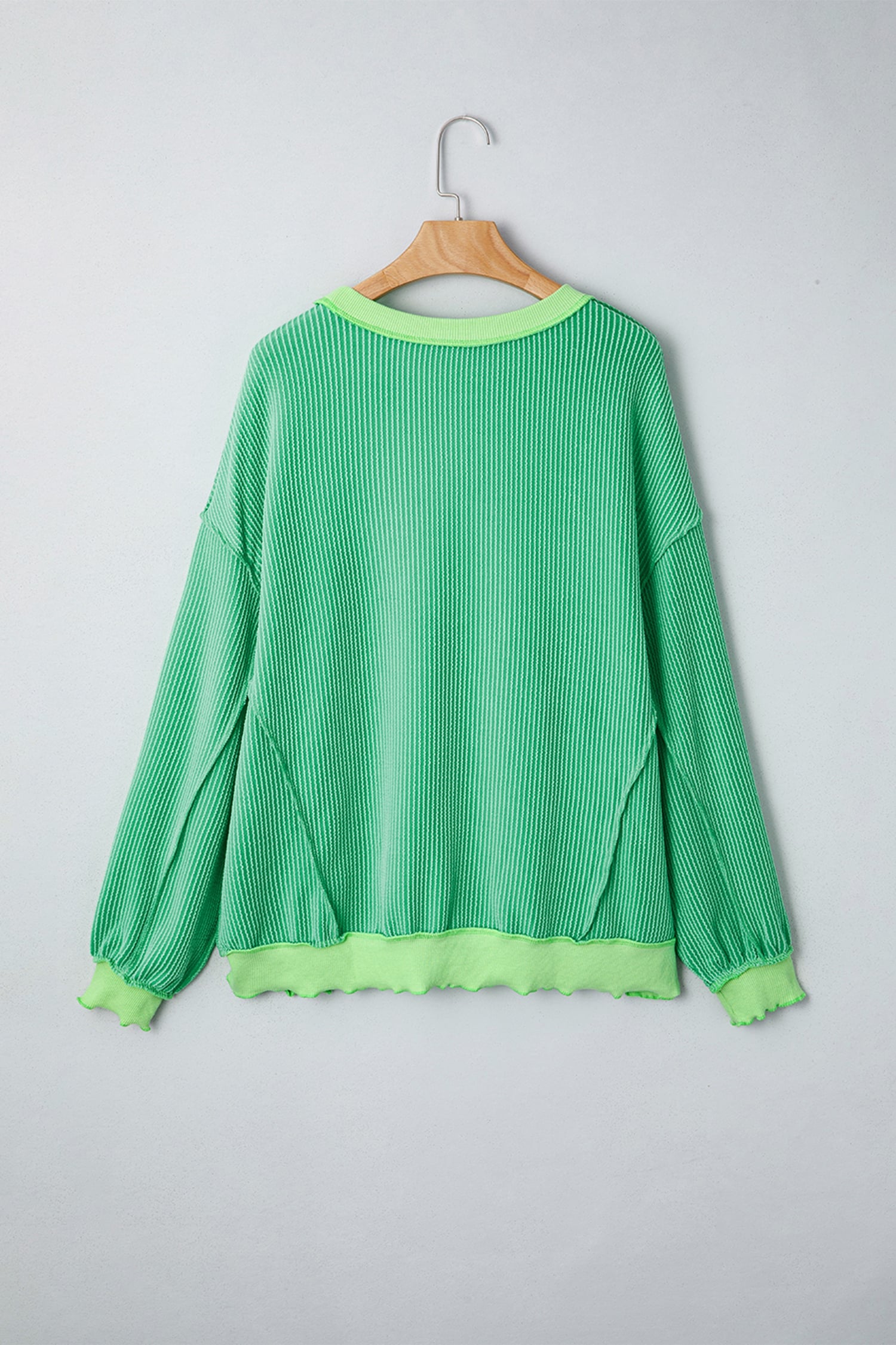 Bright Green Twisted Ribbed mardi gras Sequin Graphic Exposed Seam Patchwork Pullover Top