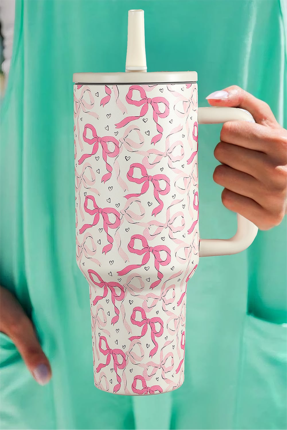Bright Pink 40oz Cute Bow Print Tiny Heart Flip Straw Handled Vacuum Tumbler