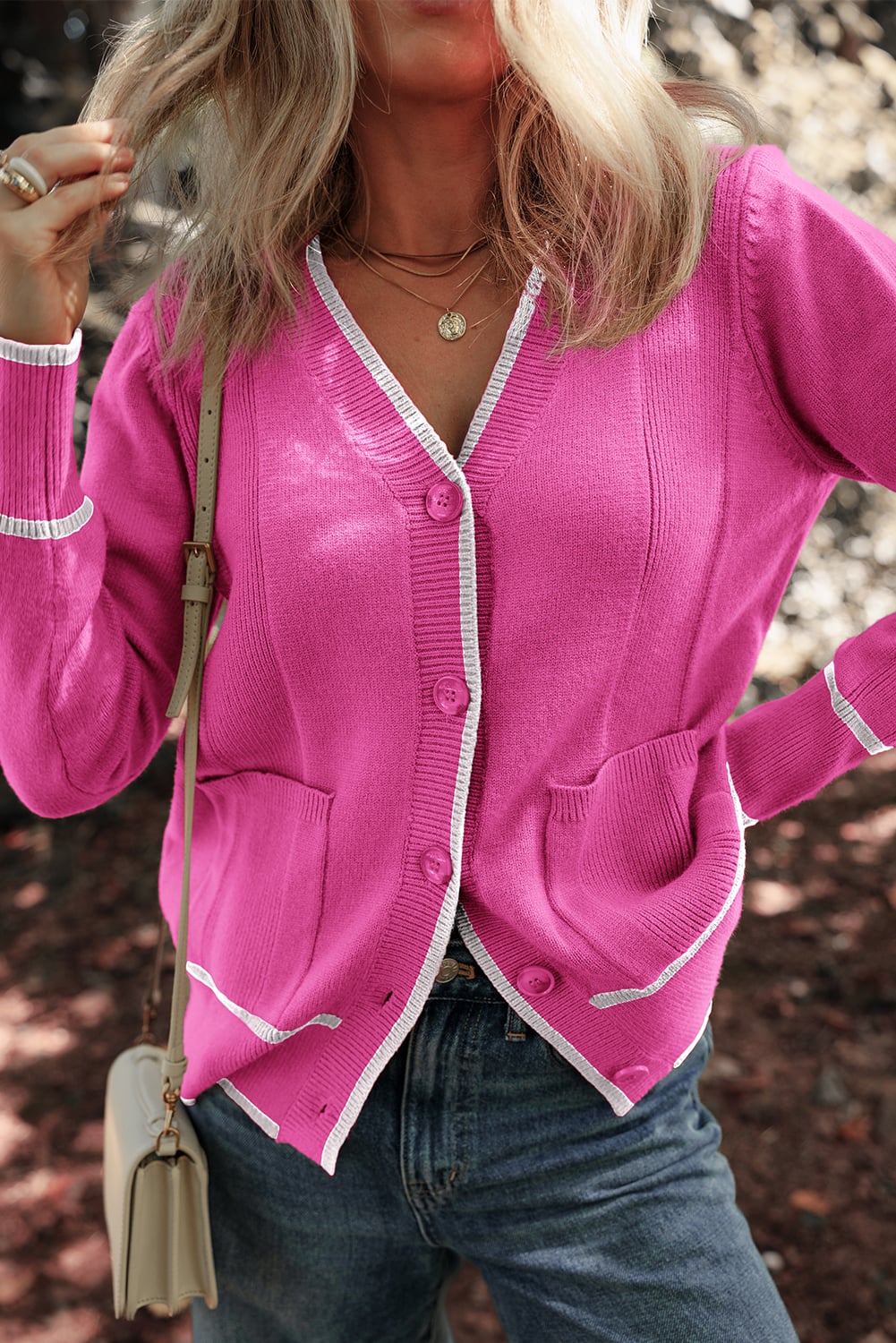 Bright Pink Color Contrast Side Pockets Button V Neck Cardigan