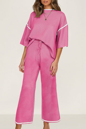 Bright Pink Contrast Trim Half Sleeve Top Drawstring Pants Loose 2pcs Sweater Suit