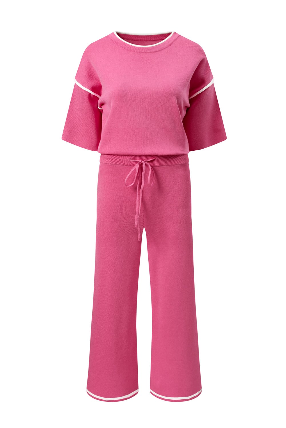 Bright Pink Contrast Trim Half Sleeve Top Drawstring Pants Loose 2pcs Sweater Suit