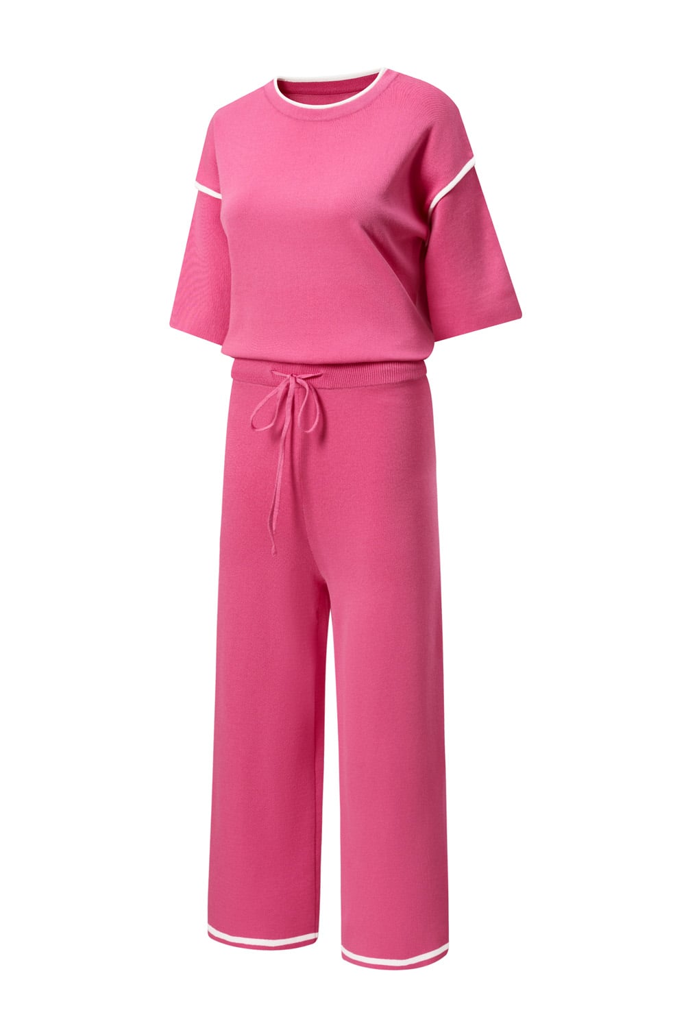 Bright Pink Contrast Trim Half Sleeve Top Drawstring Pants Loose 2pcs Sweater Suit