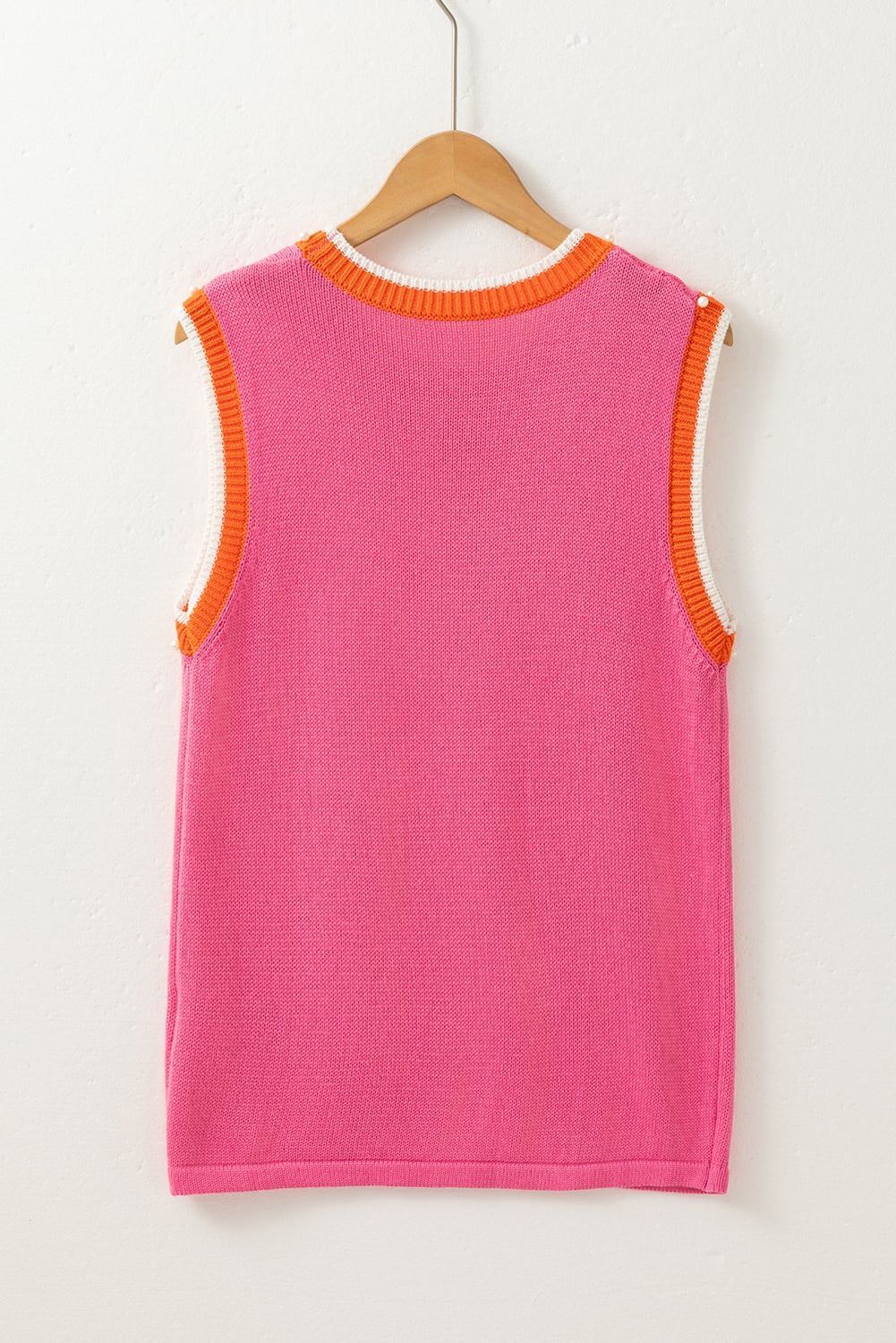 Bright Pink Contrast Trim Pearl Detail Sweater Tank Top