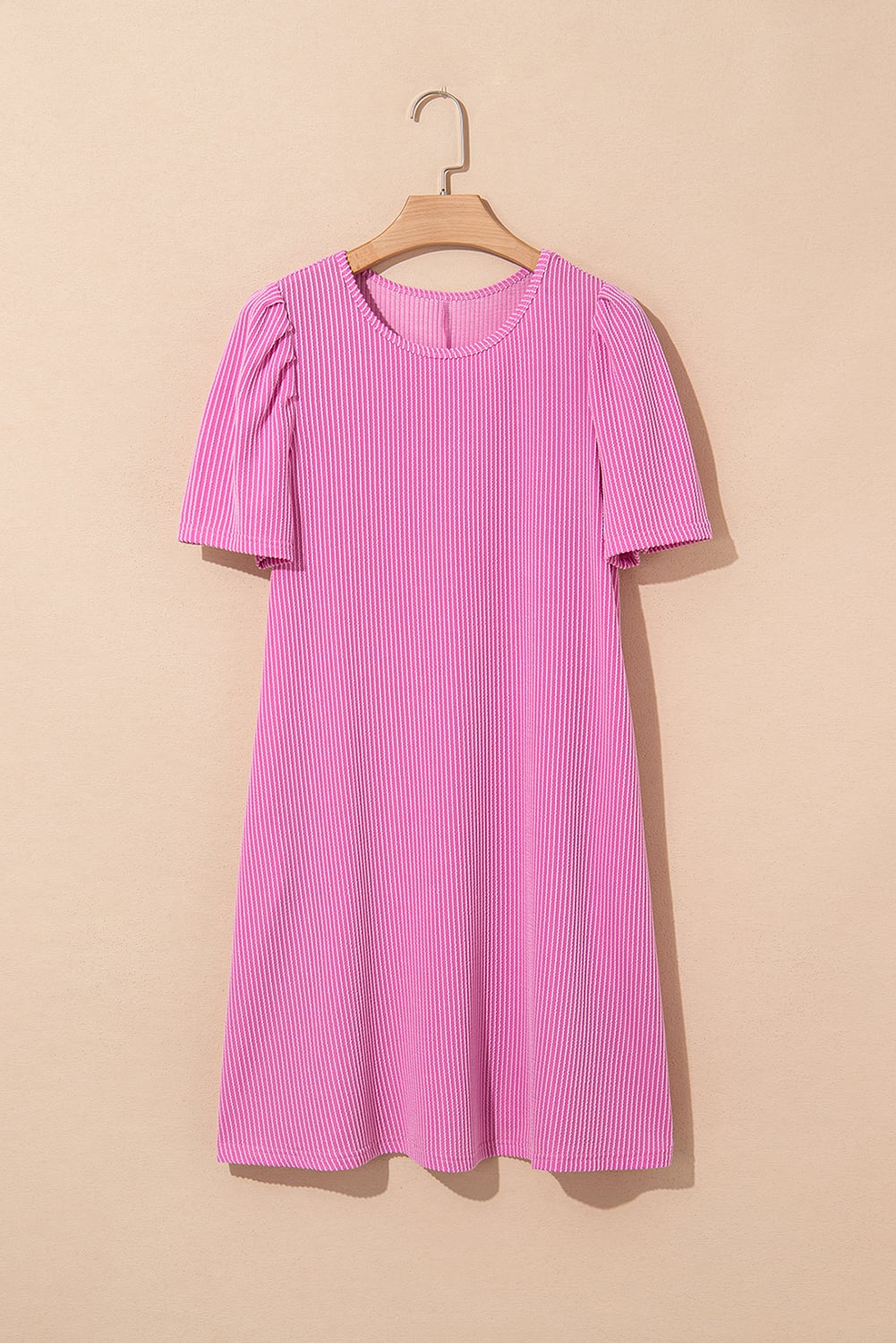 Bright Pink Corded Knit Crew Neck Puff Sleeve Shift Mini Dress