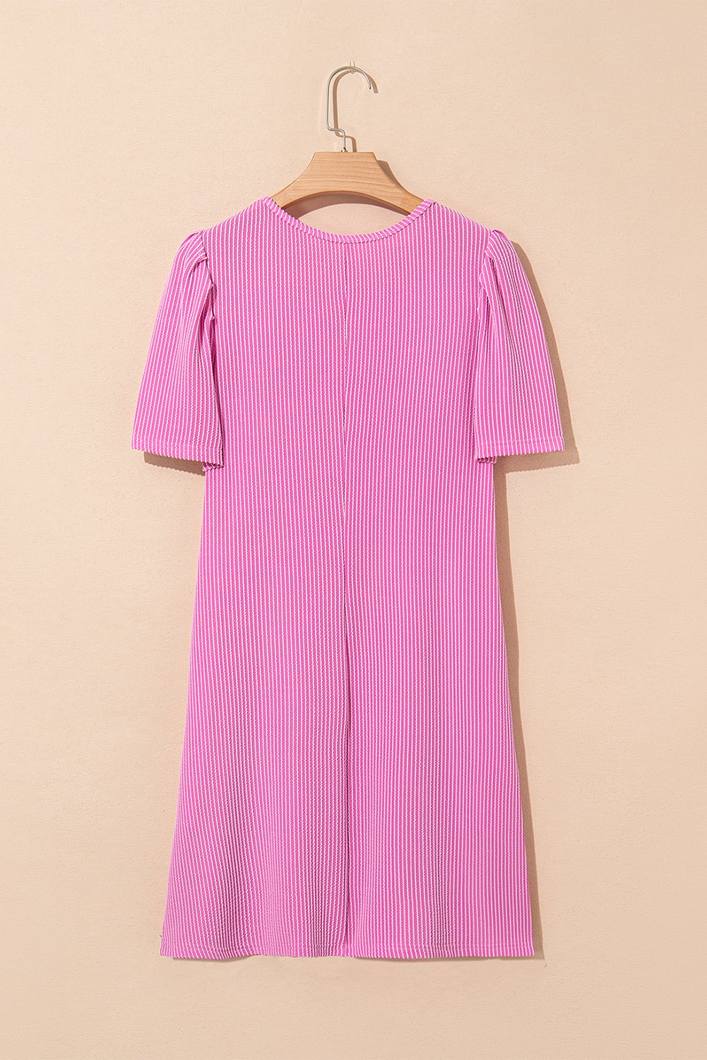Bright Pink Corded Knit Crew Neck Puff Sleeve Shift Mini Dress
