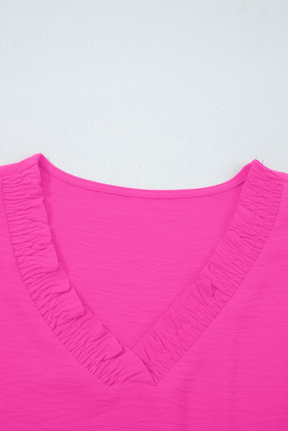 Bright Pink Frilled V Neckline Bracelet Sleeve Crinkled Blouse