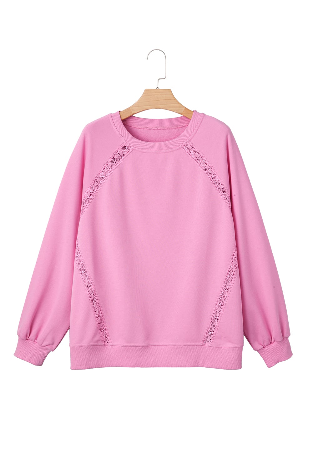 Bright Pink Lace Patched Raglan Sleeve Loose Fit Sweatshirt