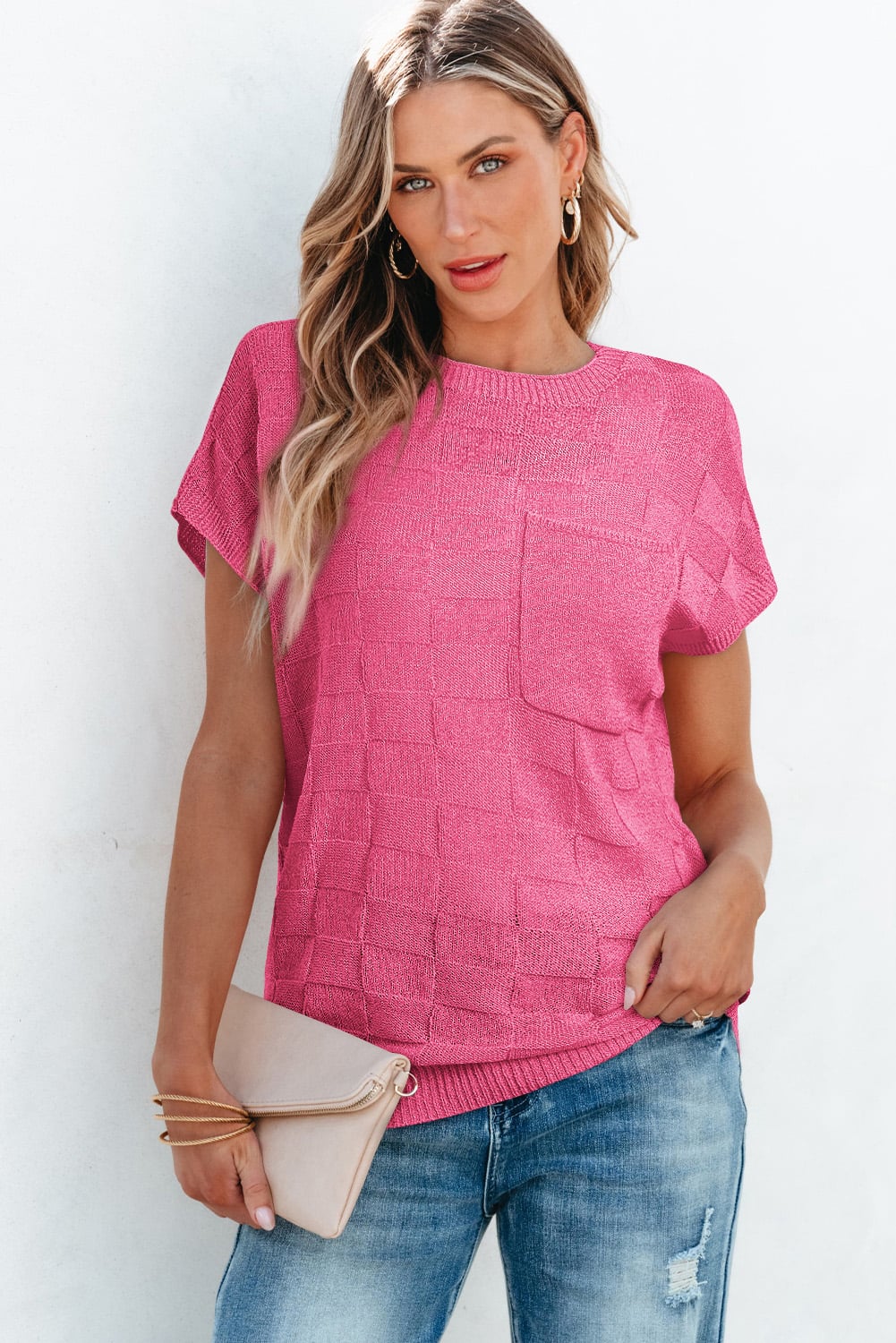 Bright Pink Lattice Textured Knit Short Sleeve Sweater