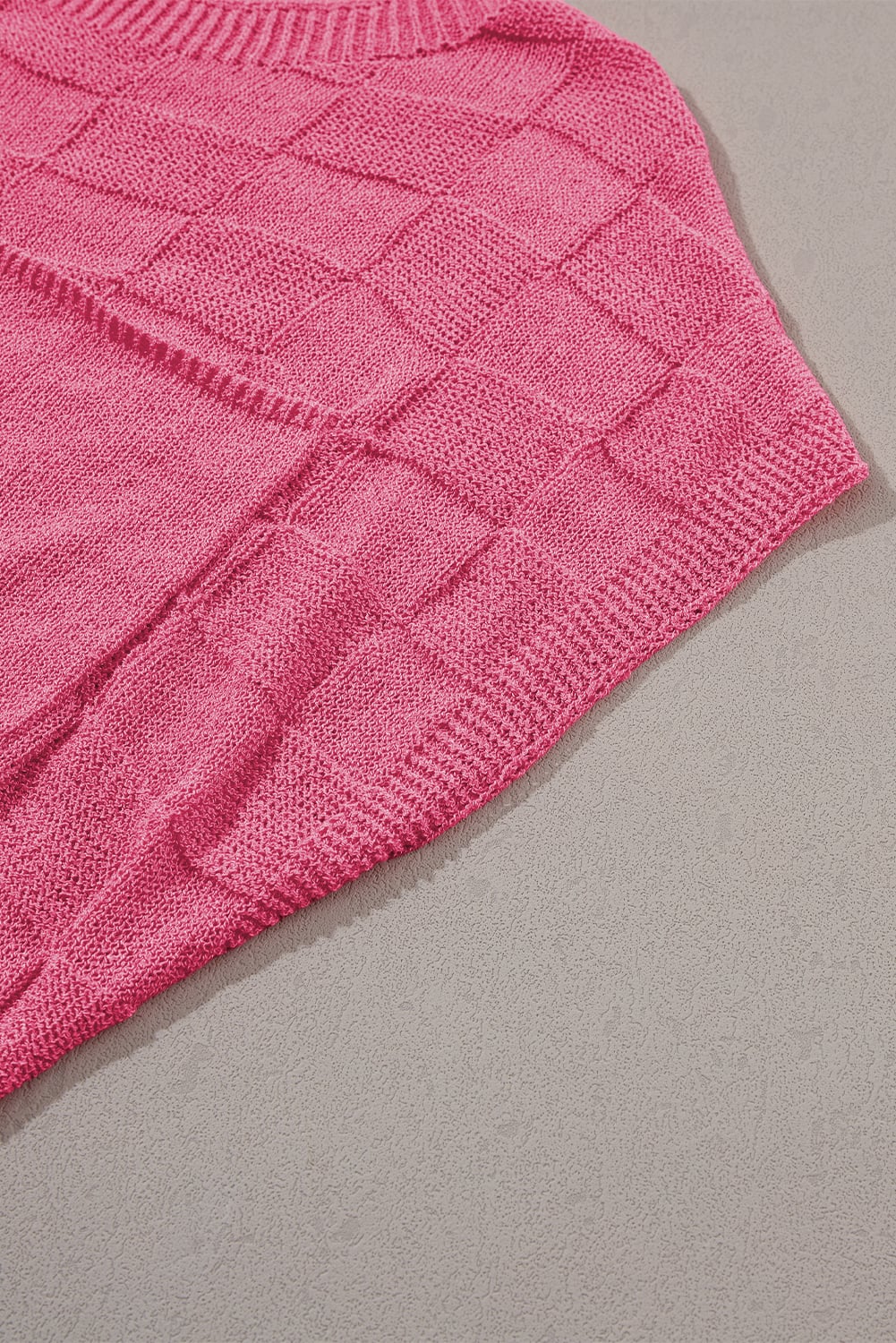 Bright Pink Lattice Textured Knit Short Sleeve Sweater