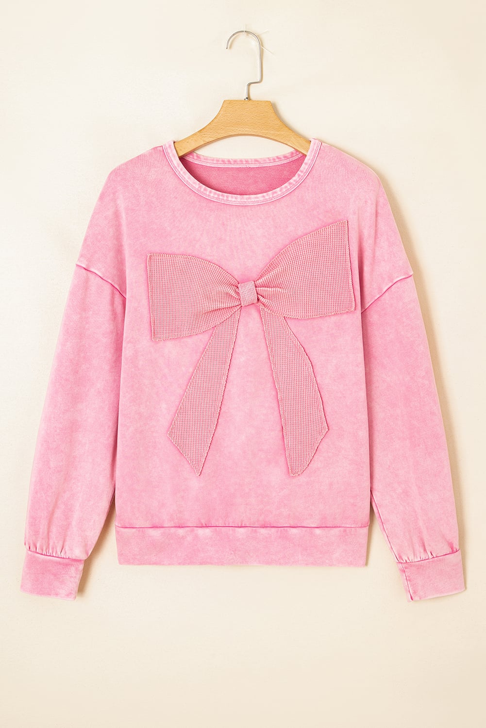 Bright Pink Mineral Wash Big Bow Patchwork Pullover Sweatshirt