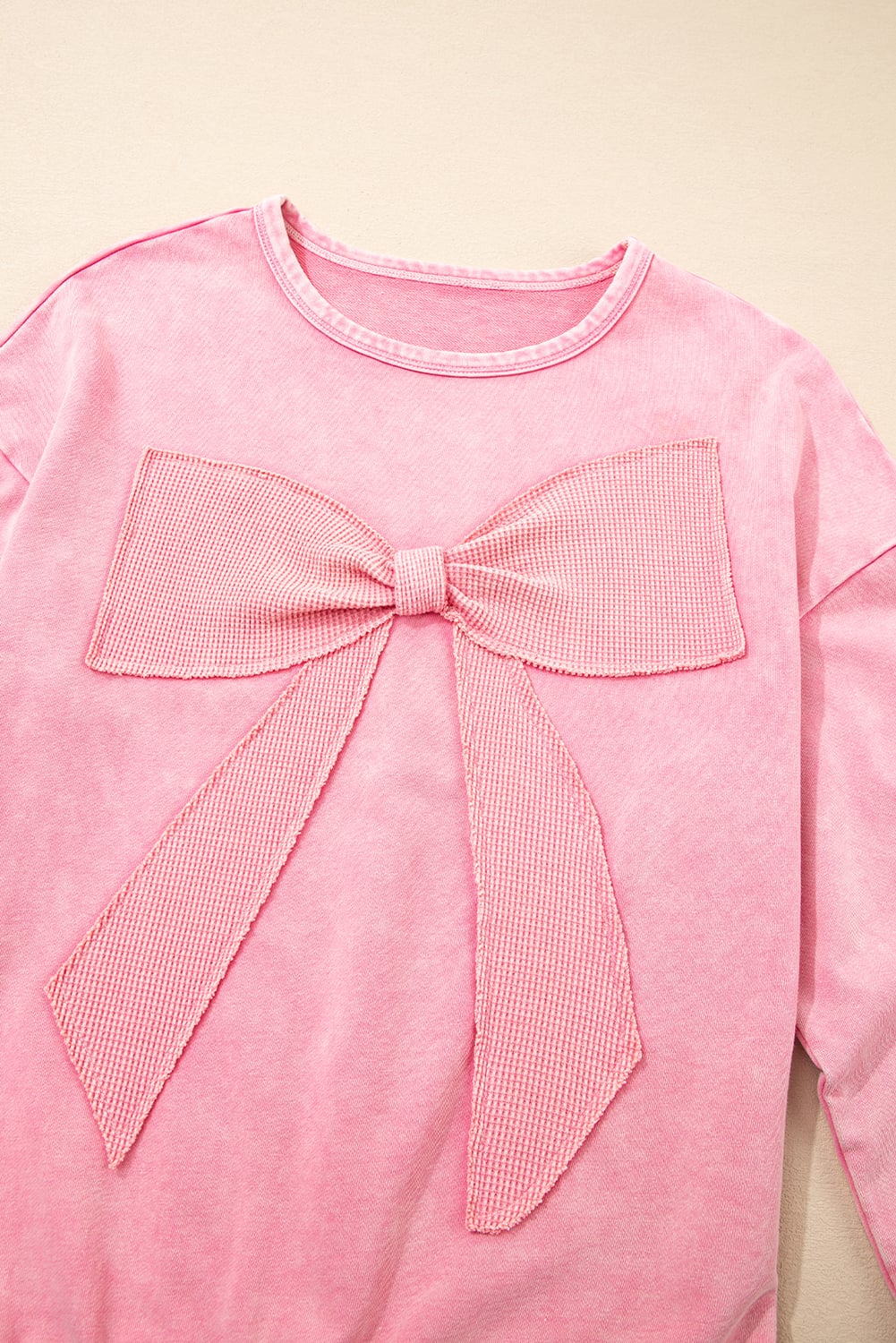 Bright Pink Mineral Wash Big Bow Patchwork Pullover Sweatshirt