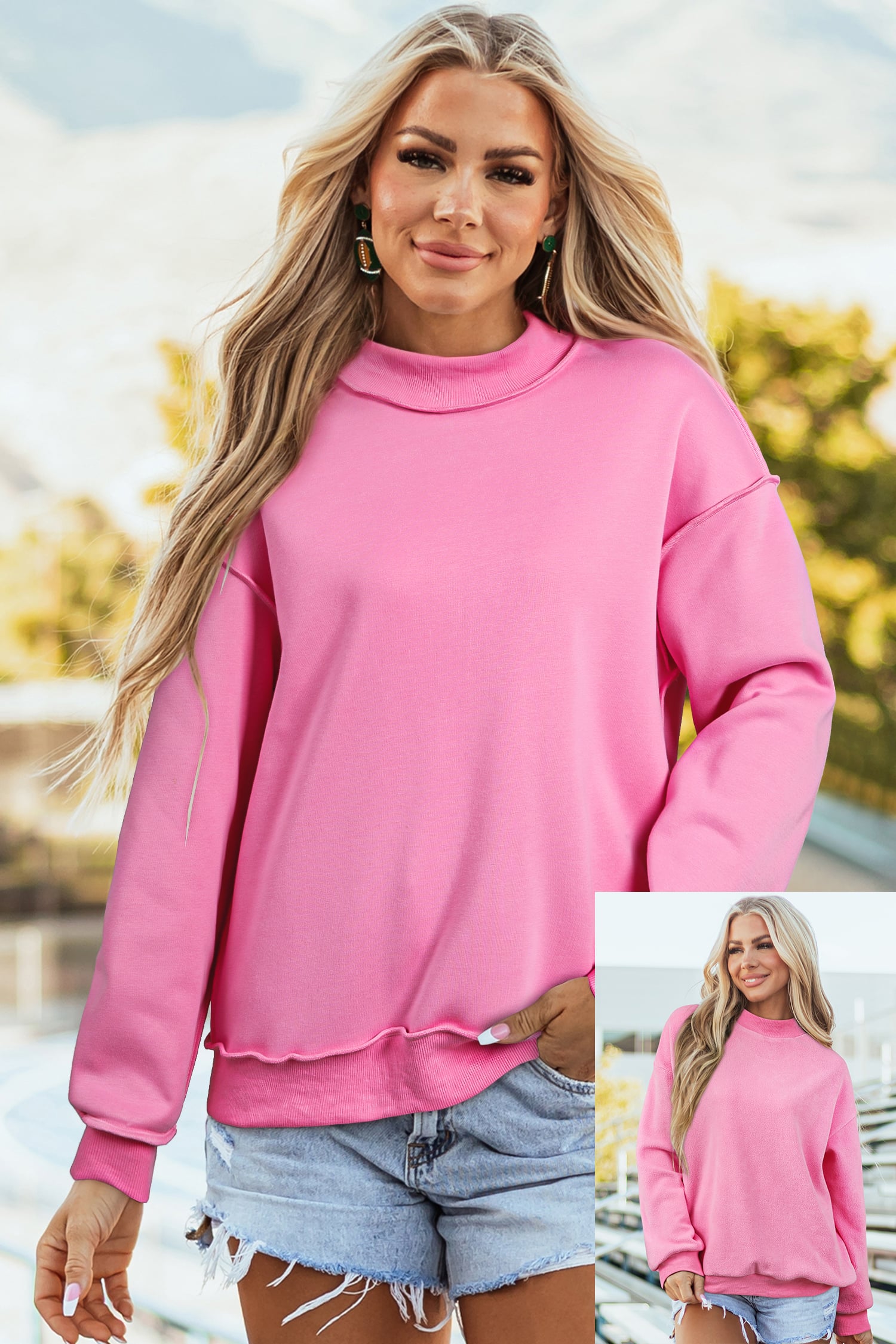 Bright Pink Oversize Drop Shoulder Reversible Mock Neck Sweatshirt