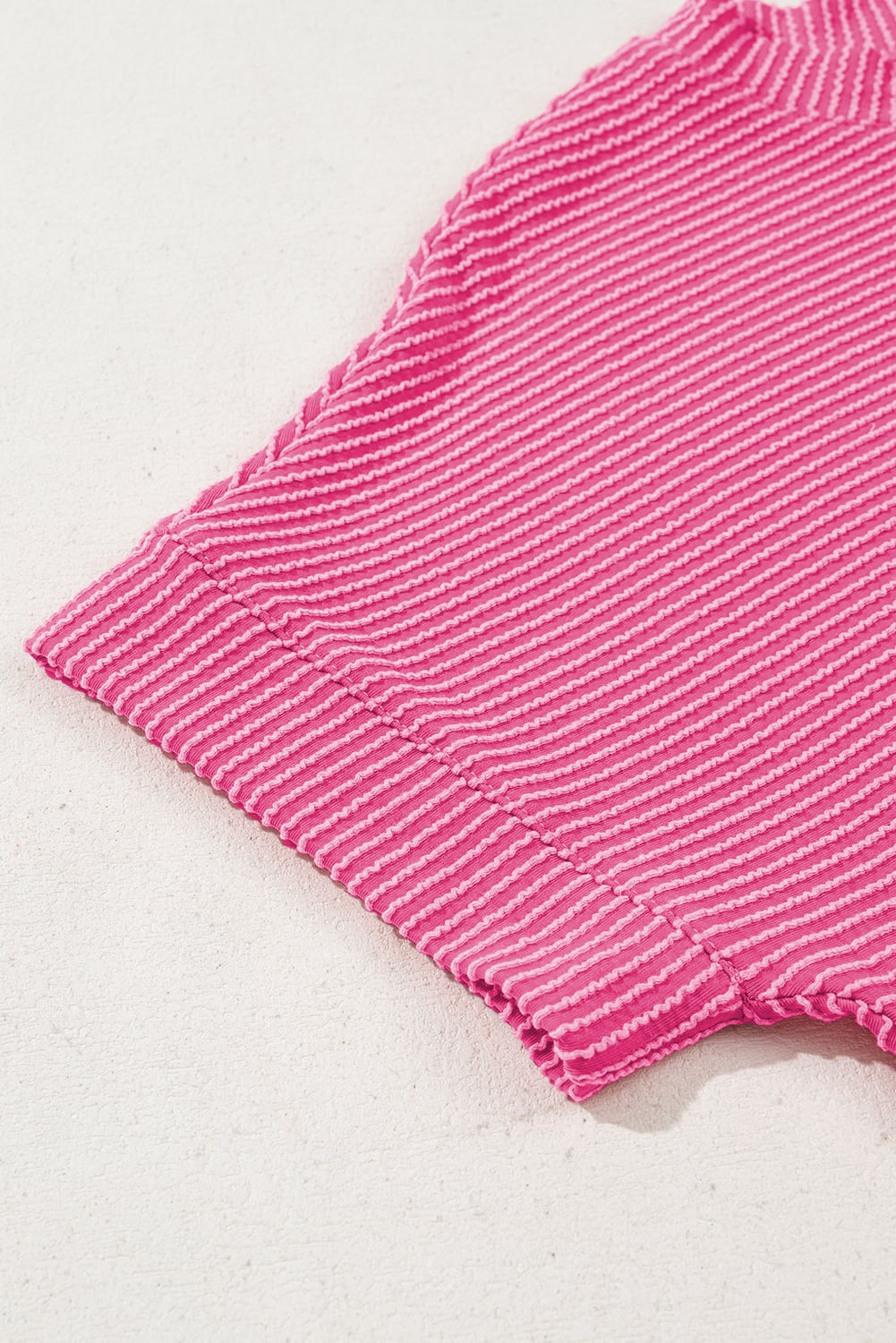 Bright Pink Plain Corded Knit Mock Neck T Shirt