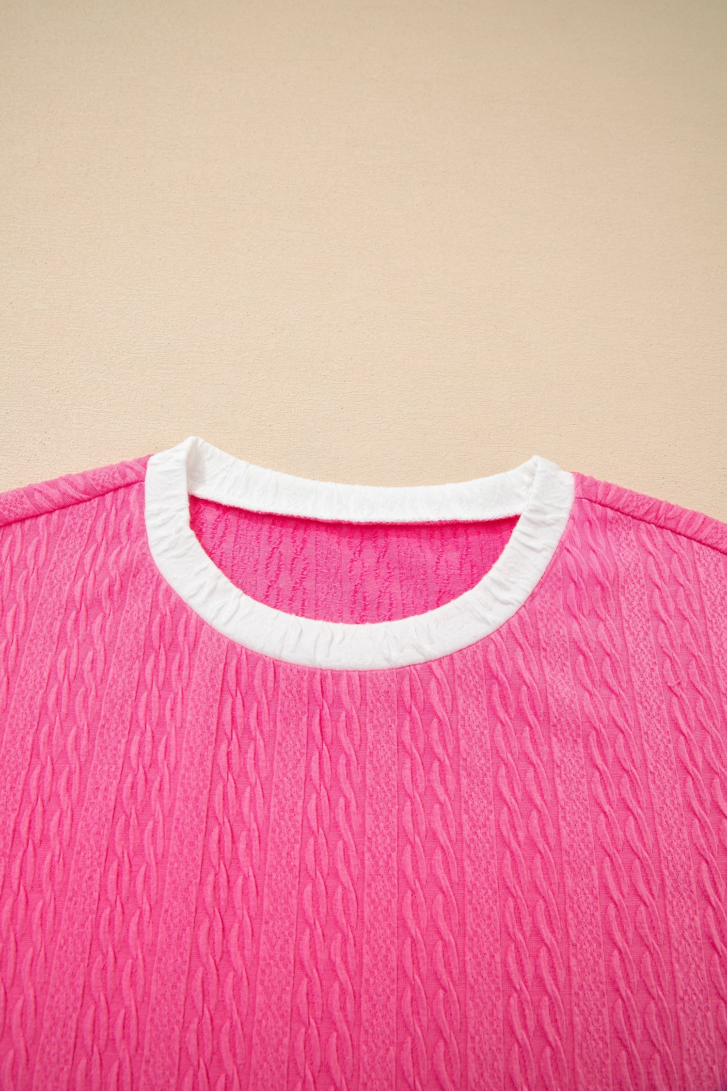 Bright Pink Textured Color Block Trim Loose Tee Drawstring Shorts 2pcs Set