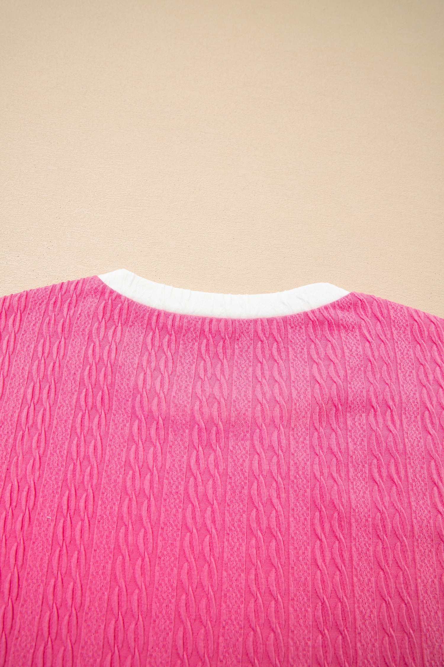 Bright Pink Textured Color Block Trim Loose Tee Drawstring Shorts 2pcs Set
