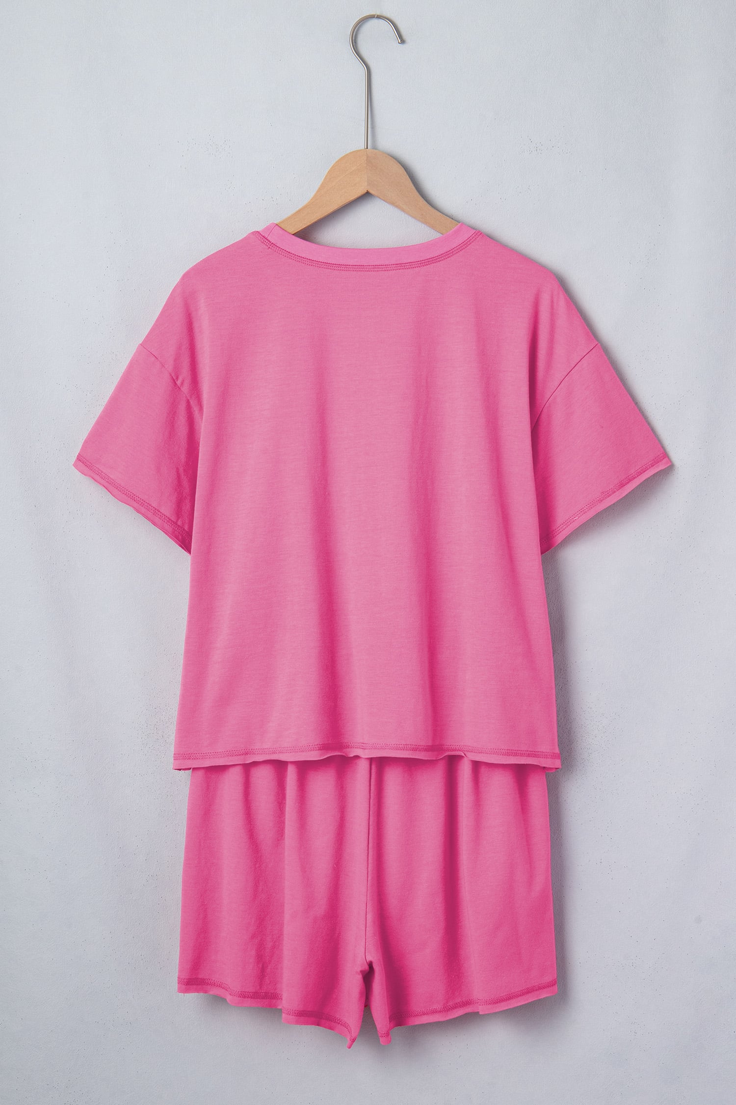 Bright Pink Seam Detail Raw Edge Tee Rainbow Waistband Casual Short Set
