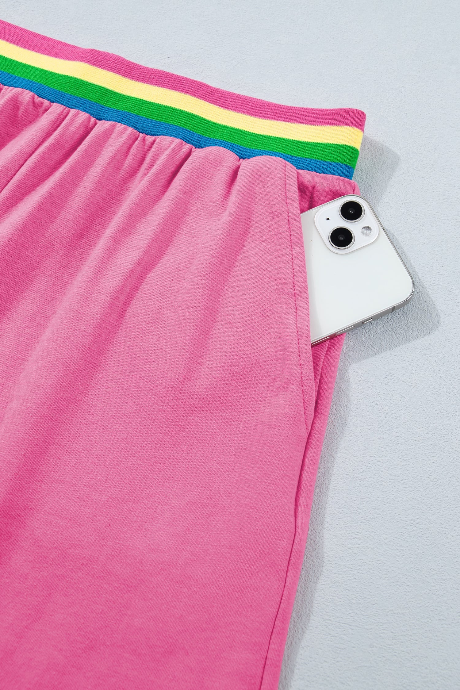 Bright Pink Seam Detail Raw Edge Tee Rainbow Waistband Casual Short Set