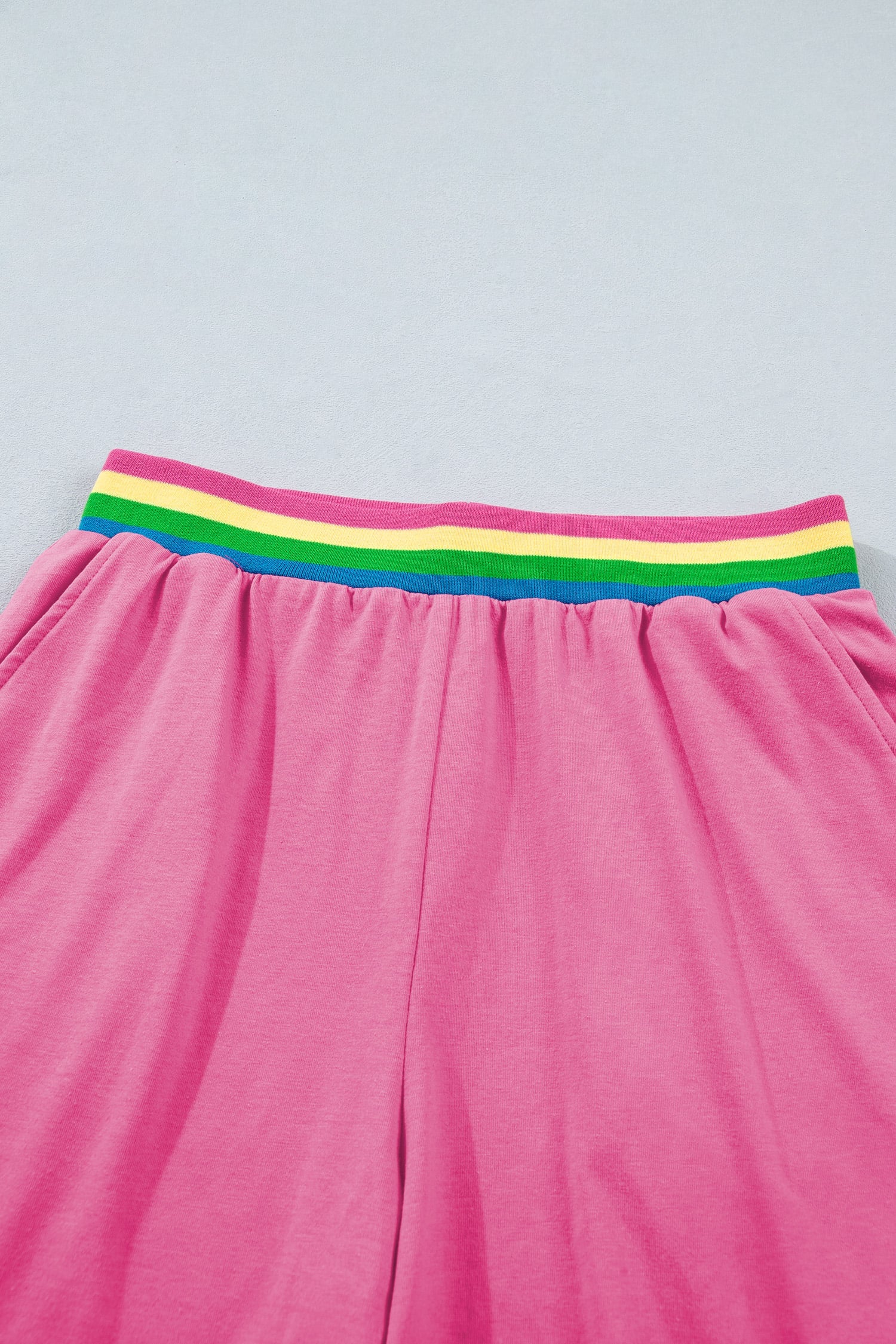 Bright Pink Seam Detail Raw Edge Tee Rainbow Waistband Casual Short Set
