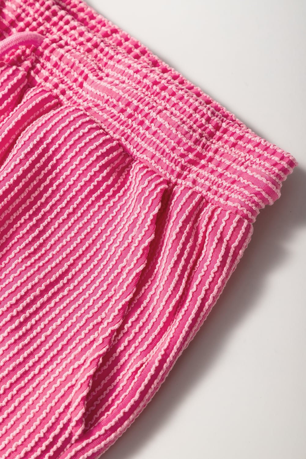 Bright Pink Solid Corded Knit Short Sleeve T Shirt and Wide Leg Pants Set
