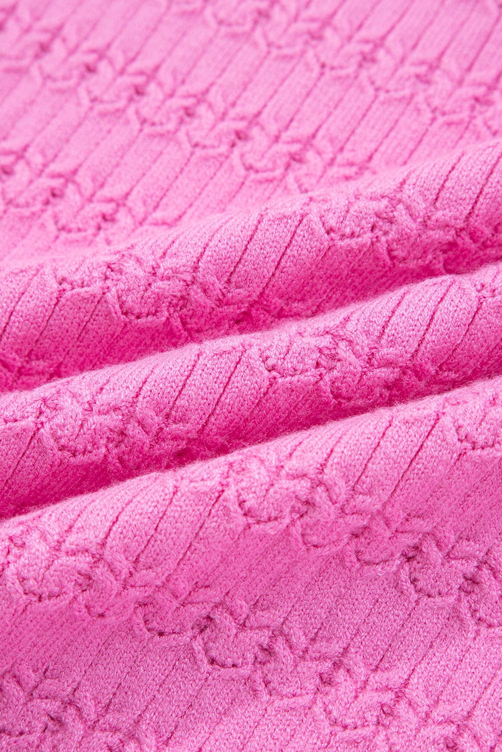 Bright Pink Trendy Pattern Knit Ribbed Cuffs Crew Neck Sweater