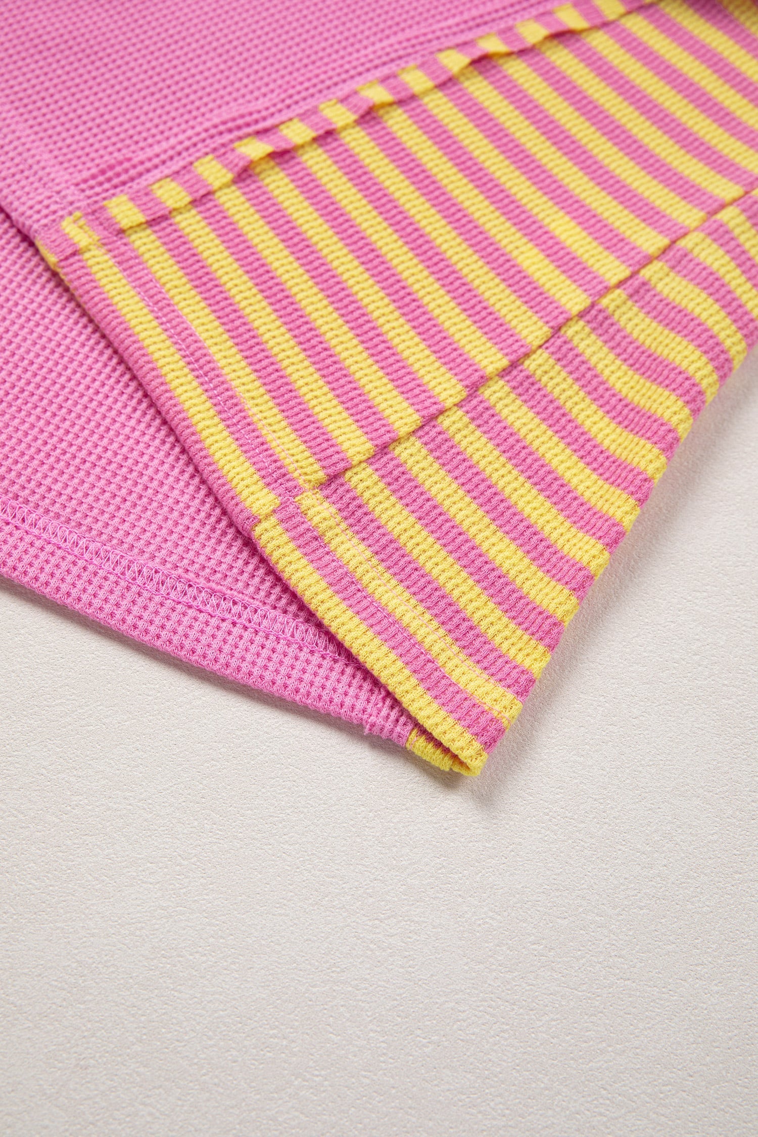 Bright Pink Waffle Textured Contrast Striped Patchwork Loose T Shirt