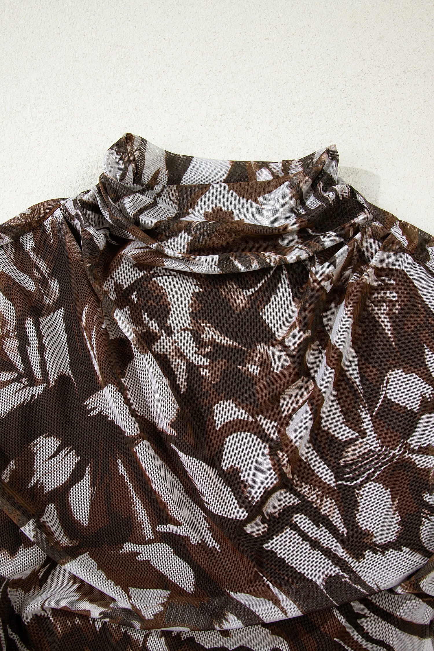 Brown Abstract Print Mesh Cowl Neck Cap Sleeve Ruched Midi Dress with Slit