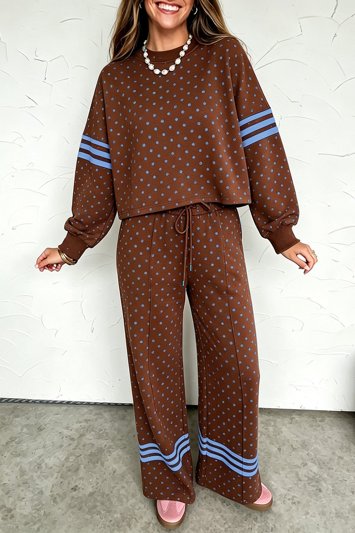 Brown Polka Dot Print Colorblock Stripes Detail Relaxed 2pcs Pant Set