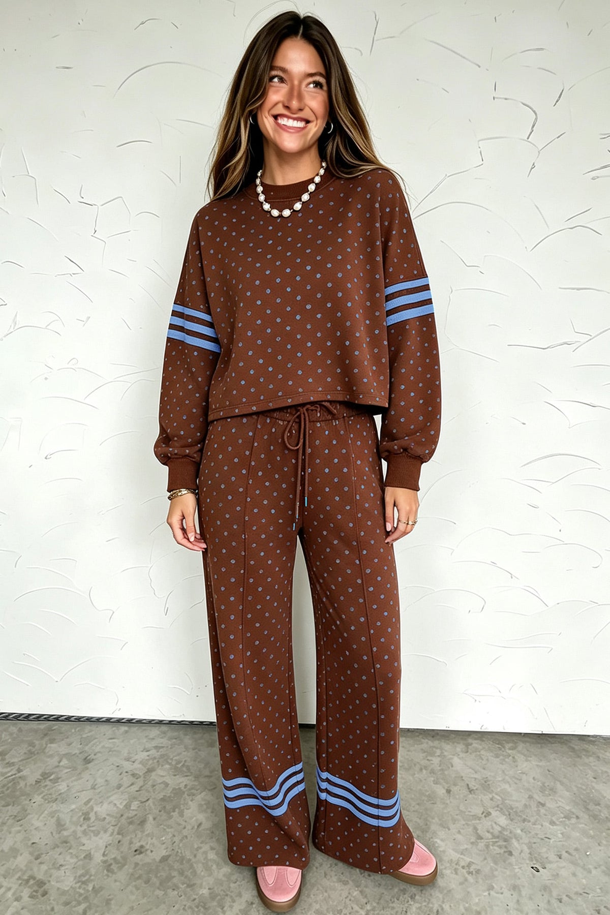 Brown Polka Dot Print Colorblock Stripes Detail Relaxed 2pcs Pant Set