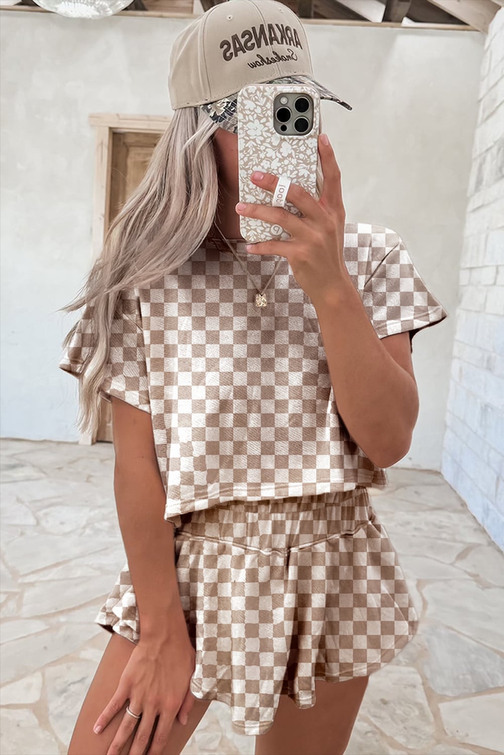 Brown Checkerboard T Shirt and High Waist Skorts 2 Piece Outfit