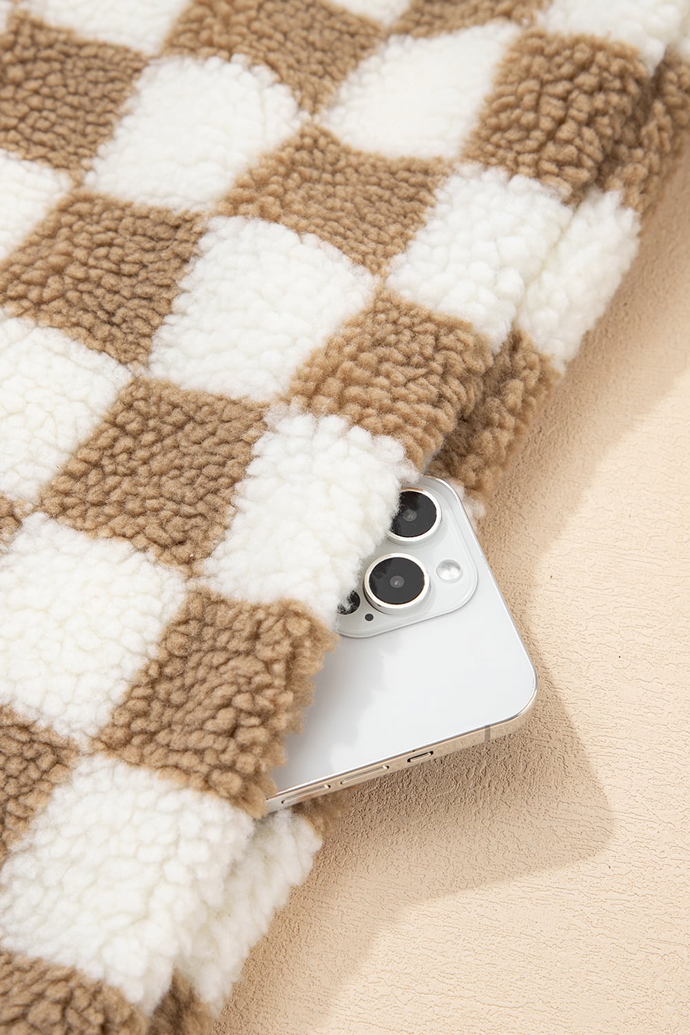 Brown Checkered Sherpa Buttoned Front Chunky Jacket