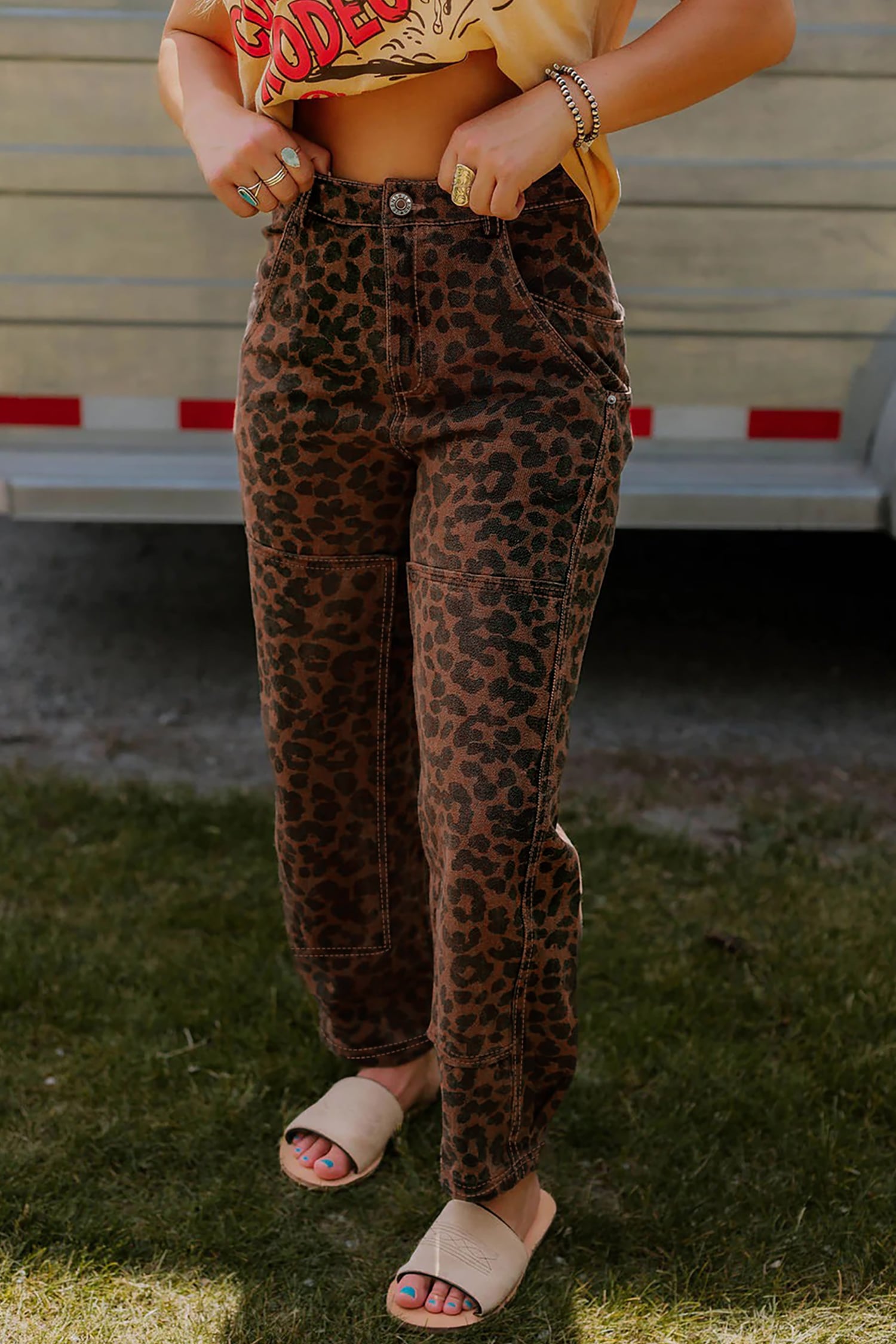 Brown Clear Seam Detail Patchwork Leopard Print Barrel Jeans