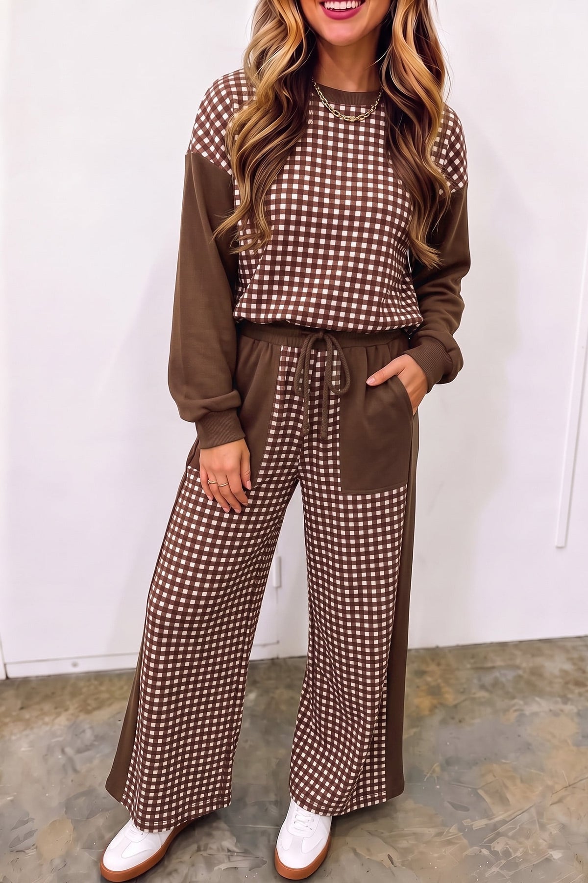 Brown Color Block Plaid Patchwork Long Sleeve Pullover Wide Leg Pant Set