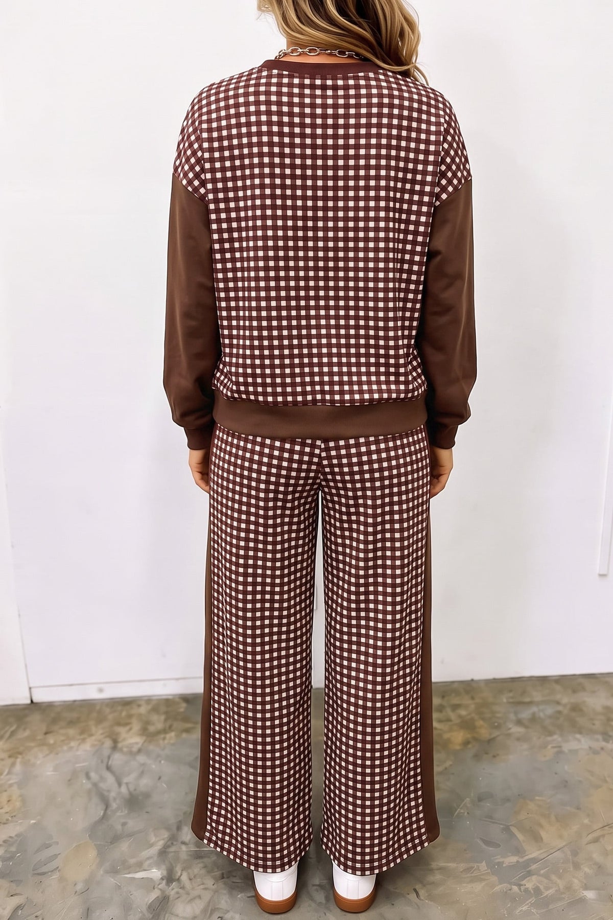 Brown Color Block Plaid Patchwork Long Sleeve Pullover Wide Leg Pant Set