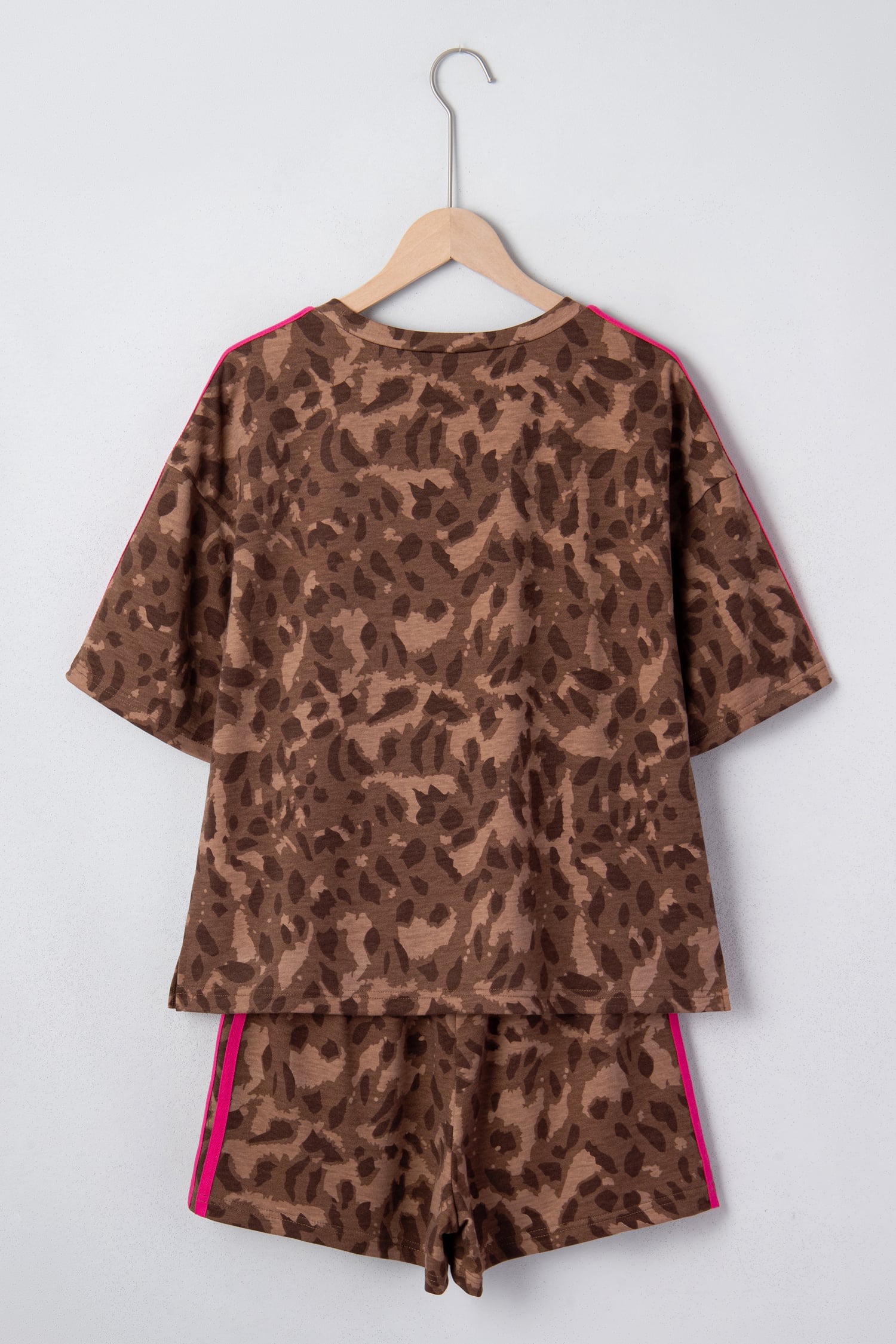 Brown Contrast Striped Accent Leopard Short Set