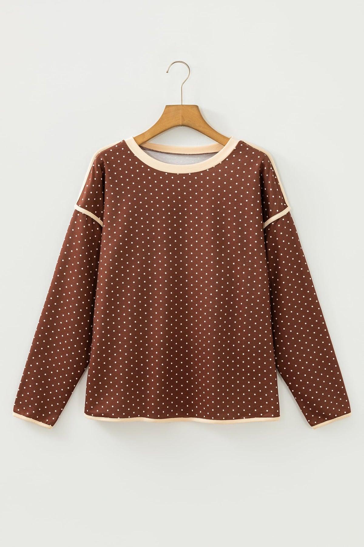 Brown Contrast Trim Long Sleeve Polka Dot Shift Pullover Top